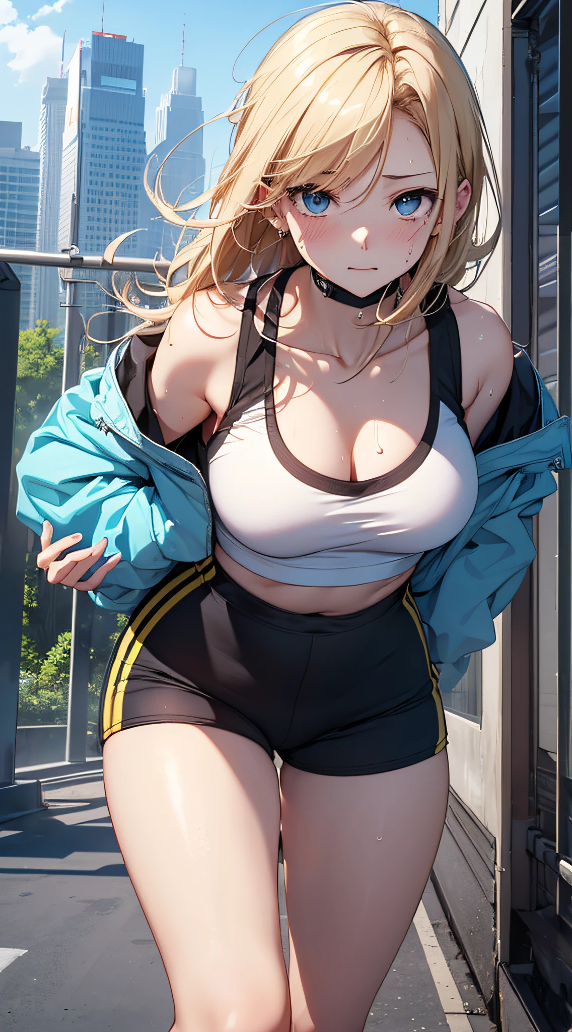 top-quality、Top image quality、masterpiece、girl with((18year old、Sportswear、Black Sports Bra、blue short pants、Best Bust、Bust 85、a blond、Longhaire、Blue eyes、open chest wide、valley、Happiness、Black wristband on wrist、A slender、Shy face、耳Nipple Ring、running、The wind blows、Sweating))hiquality、visualart、Background with((Gymnasium))、masutepiece、