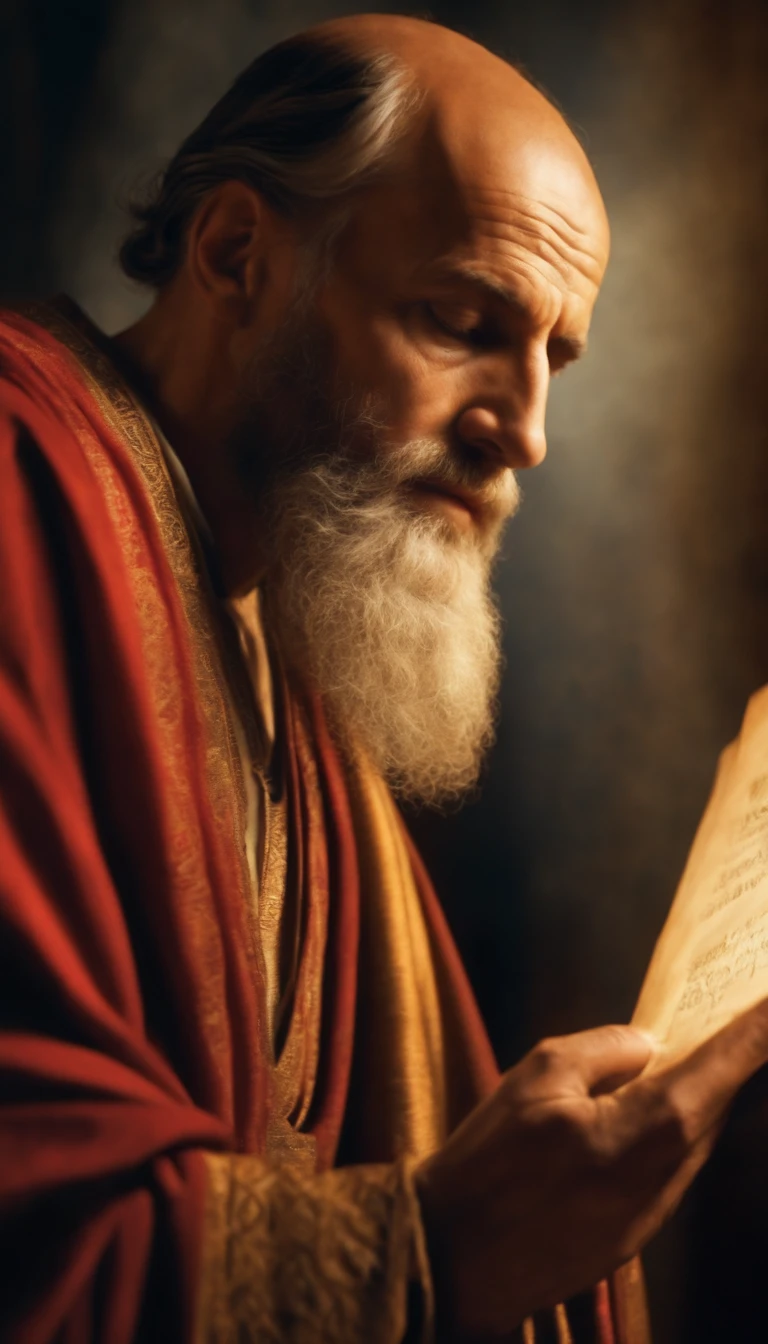 The apostle Paul looked at the screen, long clothes, Religion, Ultra realistic photo, 16:9 image