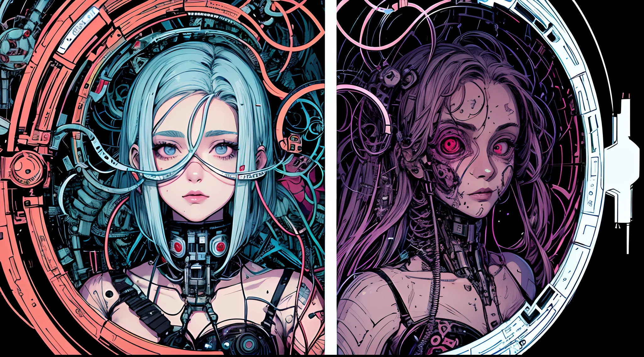 Imagination,a girl,solo,Afrofuturism Streamlined exoskeleton scales and claws,Biopunk,Variety,Laurie Greasley's illustration depicting intricate mechanical body,elaborate portrait of Billie Eilish as Ghost in The Shell character by Laurey Greasley and Takeshi Obata,innerspection of everwrapping neutrofields of digiworld,masked person,Anatomical face made up of mechanical parts,angelic apparition cyborg with cable and Electronic cable tentacles,infinite mirror glitch by Larry Carlson in Glitch,In the laboratory, the girl's body is gradually replaced by artificial intelligence mechanical components