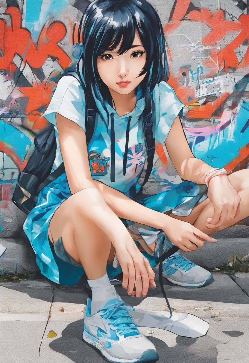 Alafed Asian girl crouching sleeveless in light blue on the ground,sweat-drenched sleeveless, Real life girls, Cute Girl, Beautie, neat hair with bangs, chiho, sakimichan, a hyperrealistic schoolgirl, cute kawaii girl