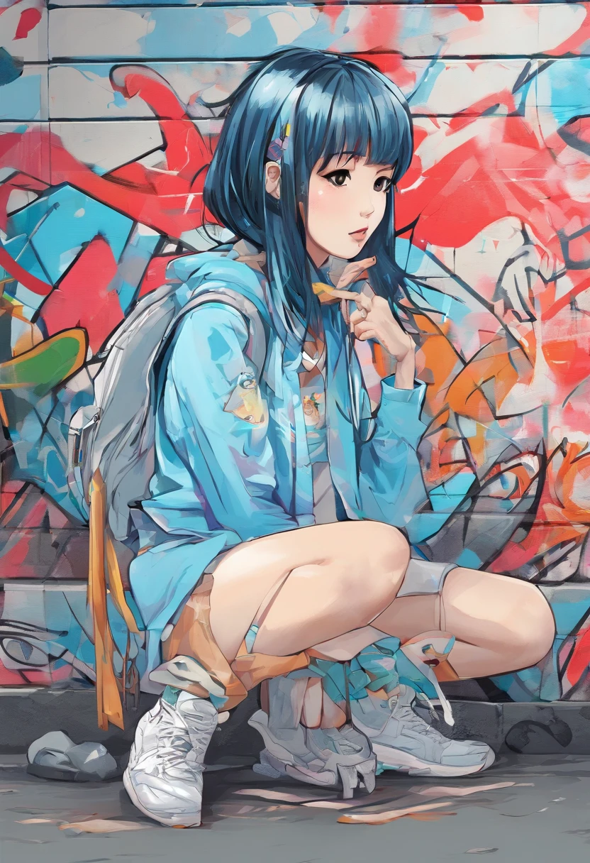 Alafed Asian girl crouching sleeveless in light blue on the ground,sweat-drenched sleeveless, Real life girls, Cute Girl, Beautie, neat hair with bangs, chiho, sakimichan, a hyperrealistic schoolgirl, cute kawaii girl