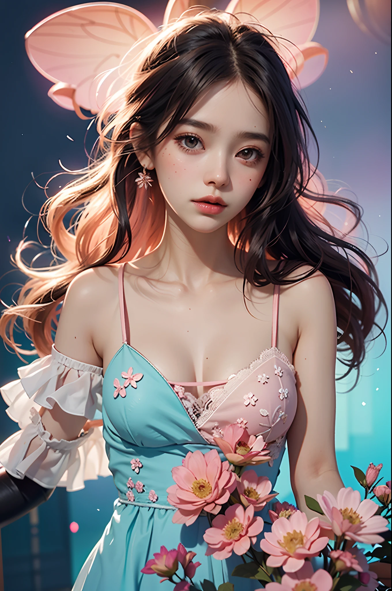 1girls, (large boobs:1.2), NSTDA., floral, Lycianthus ,In light pink and light blue styles..., Dreamy and romantic composition..., Light Pink, Intangible slip, Fun arrangement, fantasy, high contrast, Ink strokes, explosions, Over touch, Impression of purple and red tones , abstract, Negative Space,