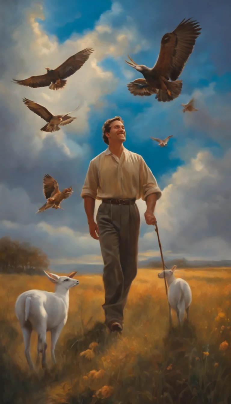 A man smiling, enraptured in the clouds, walking alongside many animals.
(best quality,4k,8k,highres,masterpiece:1.2),ultra-detailed,(realistic,photorealistic,photo-realistic:1.37),vivid colors,sharp focus
medium: oil painting
The man, with a genuine smile on his face, is floating effortlessly in the clouds, surrounded by an ethereal atmosphere. His joy is evident in his eyes and the curves of his lips. Every detail of his face is beautifully rendered, with carefully painted eyes and lips radiating warmth and happiness. The lighting reveals the intricate texture of his skin, adding depth and realism to the image. The overall composition depicts a dreamlike scene.
As the man walks, he is accompanied by a diverse group of animals, each representing different aspects of nature. These animals, including birds, rabbits, deer, and butterflies, follow him in harmony, as if drawn to his positive energy. Their presence adds a touch of whimsy and enchantment to the artwork.
The medium used for this painting is oil, creating rich and vibrant colors that enhance the dreamlike quality of the scene. The brushstrokes are meticulously applied, capturing the light and shadow with precision. The artwork gives a sense of depth and texture, inviting the viewer to immerse themselves in the world portrayed.
The colors chosen for the artwork are vivid and eye-catching, creating a visually captivating experience. The artist skillfully plays with different hues to evoke emotions and set the mood of the painting. The color palette ranges from warm golden tones to cool blues and purples, creating a contrast that enhances the overall impact of the image.
The lighting in the painting is carefully designed to add depth and atmosphere. Soft rays of sunlight filter through the clouds, casting a warm glow on the man and the animals. The interplay of light and shadow creates a sense of movement and brings the painting to life. The artist pays attention to the details of the lighting, ensuring