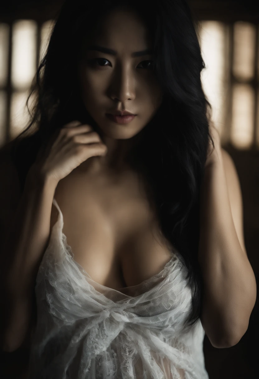 asian girl, sexy, large breasts, clad in bikini, showing armpits, long black hair, dark messy room, ghost behind a girl, scary