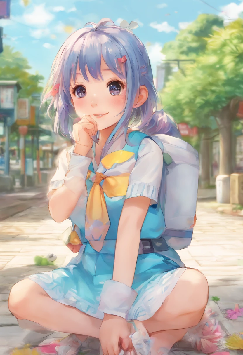 Alafed Asian girl crouching sleeveless in light blue on the ground,sweat-drenched sleeveless, Real life girls, Cute Girl, Beautie, neat hair with bangs, chiho, sakimichan, a hyperrealistic schoolgirl, cute kawaii girl