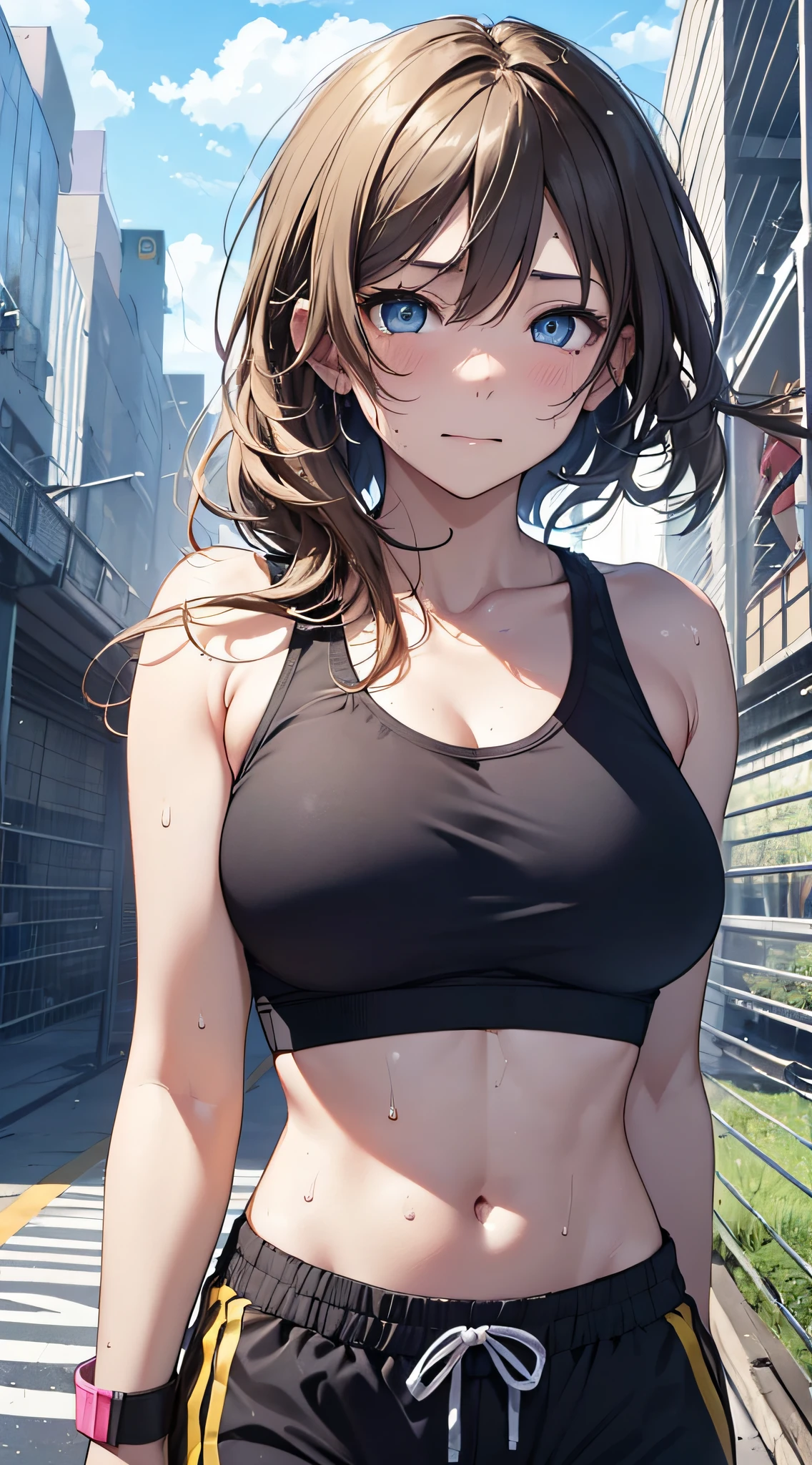 top-quality、Top image quality、masterpiece、girl with((18year old、Sportswear、Black Sports Bra、blue short pants、Best Bust、Bust 85、a blond、Longhaire、Blue eyes、open chest wide、Valley、Happiness、Black wristband on wrist、A slender、Shy face、耳Nipple Ring、Running、The wind blows、Sweating))hiquality、visualart、Background with((Gymnasium、Running Venues))、masutepiece、
