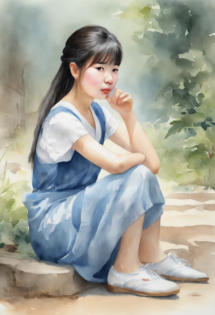 Alafed Asian girl crouching sleeveless in light blue on the ground,sweat-drenched sleeveless, Real life girls, Cute Girl, Beautie, neat hair with bangs, chiho, sakimichan, a hyperrealistic schoolgirl, cute kawaii girl