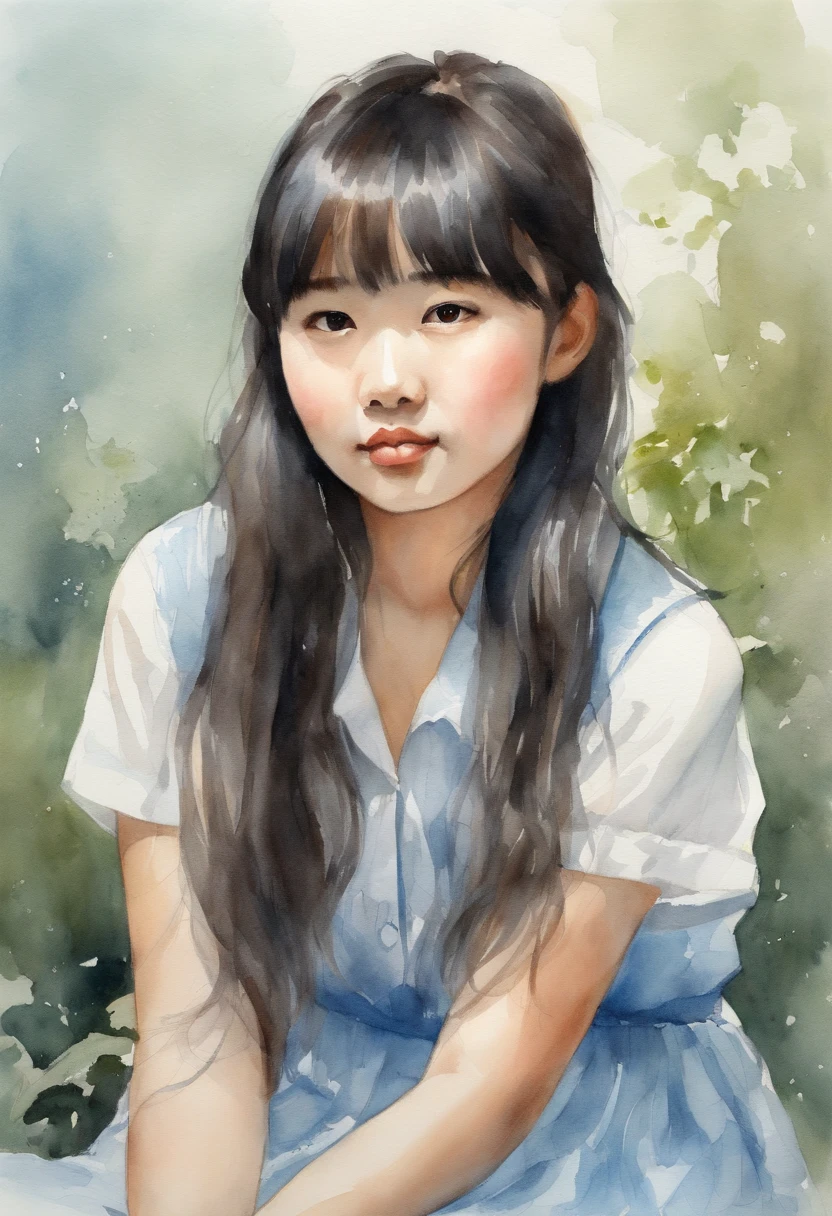 A long-haired girl draws a picture on canvas