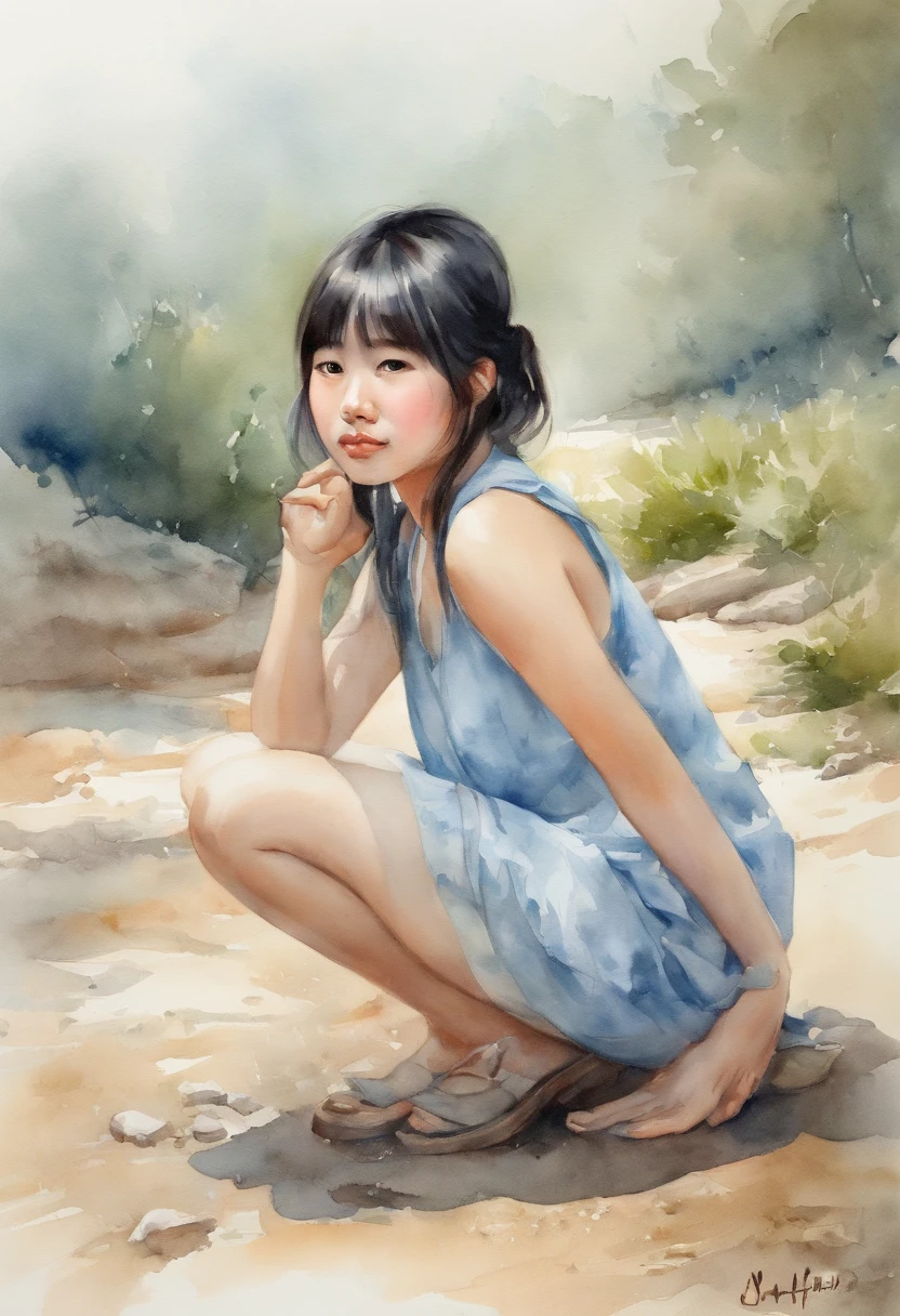 Japanese watercolor painting, 1girl, look at viewer, detailed face, sitting with holding knees on floor, spread legs, symmetrical, naked, gentle smile