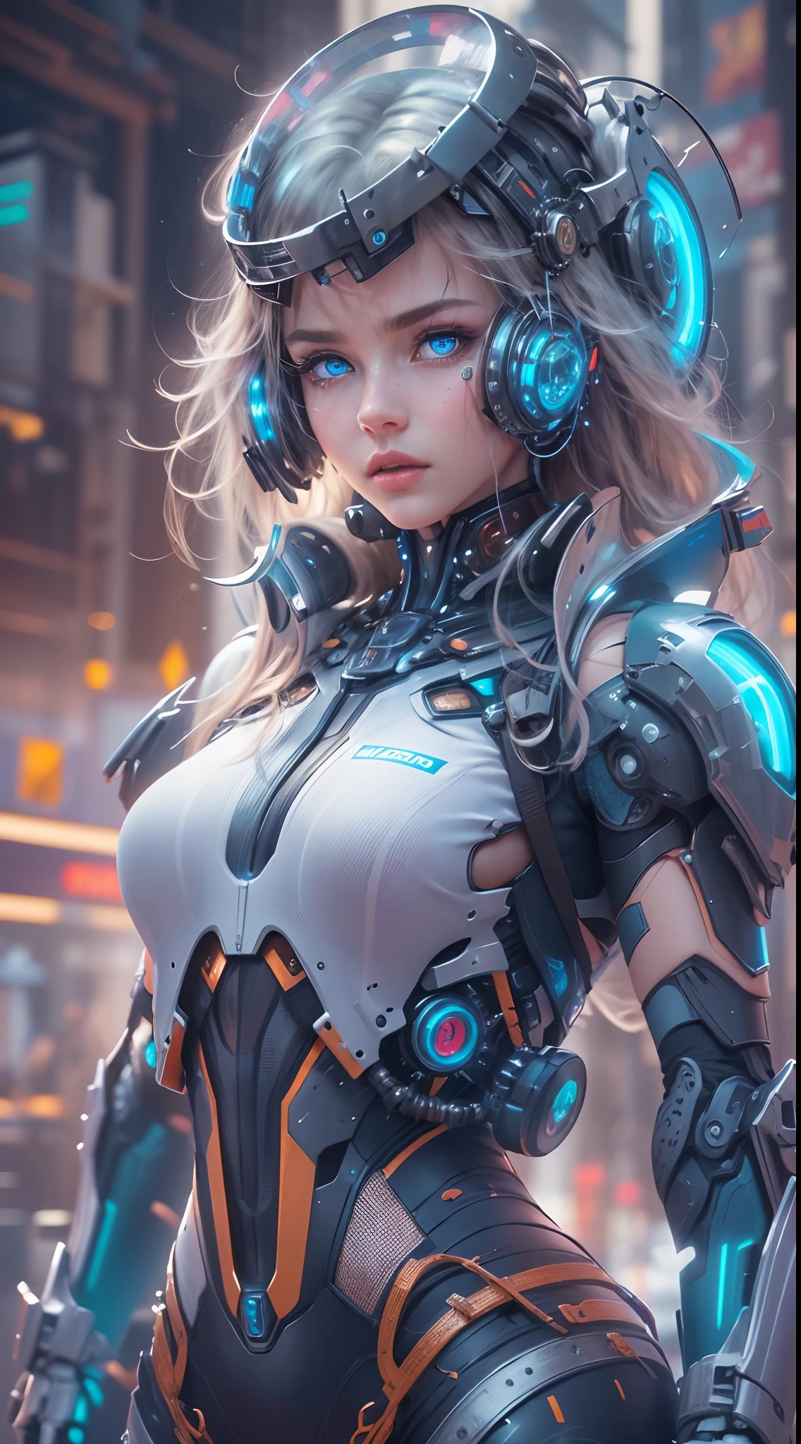 Future mechanical girl,((Vitreous blue eyes)),Ethereal,Futuristic technology,Metal exoskeleton,Luxurious futuristic fashion,Metal mechanical limbs,Mechanical torso,Seamless integration of man and machine,Utopian cityscape in the background,Expressive and captivating gaze,High-resolution portraits with vibrant colors and intricate details,Awesome artwork. (Best quality,4K,8K,A high resolution,Masterpiece:1.2),Ultra-detailed,(Realistic,Photorealistic,photo-realistic:1.37),hdr,hyper HD,Studio lighting,Ultra-fine painting,Sharp focus,Physically-based rendering,Extreme detail description,professional,Vivid colors,Bokeh,sportrait,Concept artist