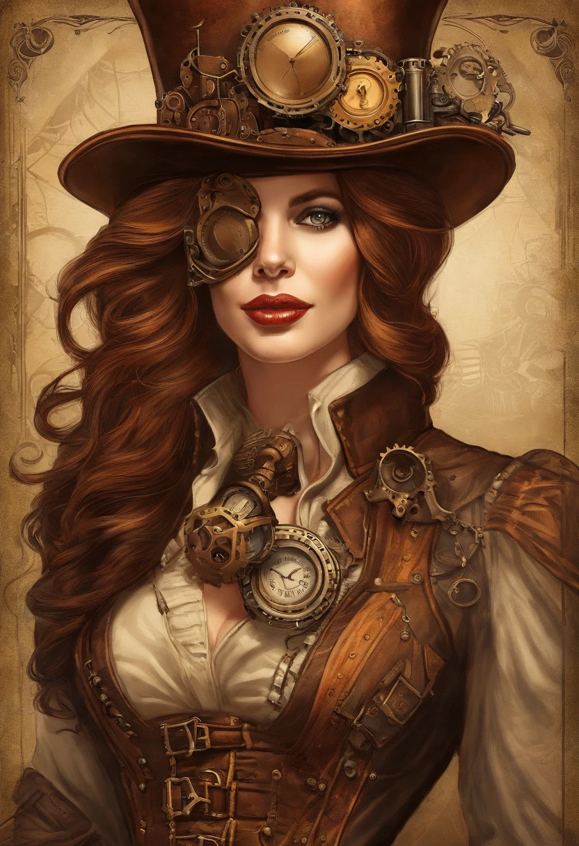 There's a woman wearing a Steam Punk hat and holding a gun., menina Steampunk, usando trajes Steampunk, menina inventora Steampunk, (Steampunk), ( Steampunk ), estilo Steampunk, Steam-punk, Steampunk Fiction, steampunk aesthetic, uma deusa Steampunk bonita, Steampunk mulher anime bonita, Steampunk, fantasia Steampunk, estilo de fantasia Steampunk, arte Steampunk, arte digital Steampunk, roupas Steampunk