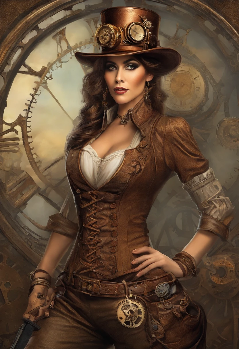 There's a woman wearing a Steam Punk hat and holding a gun., menina Steampunk, usando trajes Steampunk, menina inventora Steampunk, (Steampunk), ( Steampunk ), estilo Steampunk, Steam-punk, Steampunk Fiction, steampunk aesthetic, uma deusa Steampunk bonita, Steampunk mulher anime bonita, Steampunk, fantasia Steampunk, estilo de fantasia Steampunk, arte Steampunk, arte digital Steampunk, roupas Steampunk