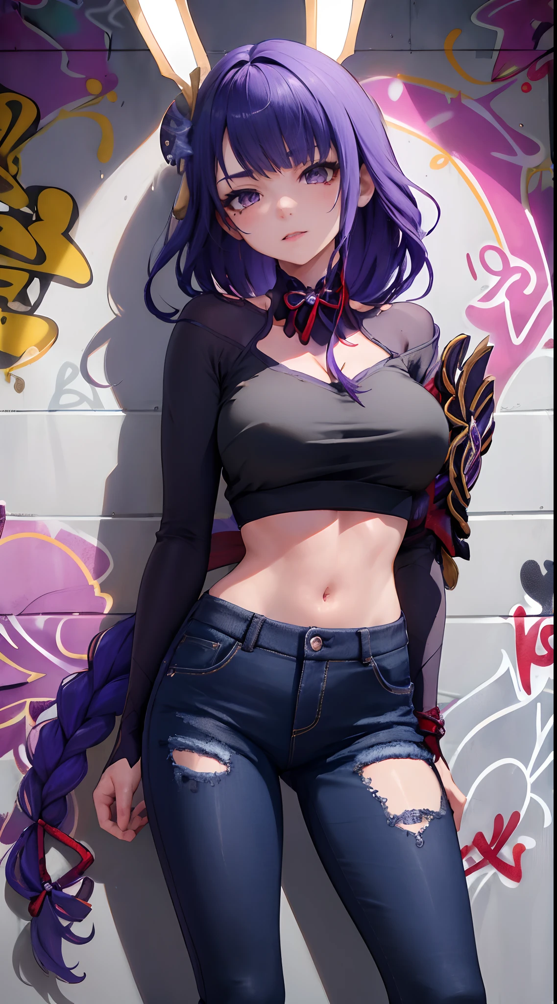 1 girl, pale skin, purple eyes, eyebrow, ear, lips, open mouth, laughing, big purple hair, short shirt, belly showing, perfect belly, ripped short shorts, thick legs, thick thighs, background scenery, in the city, beautiful night, night night