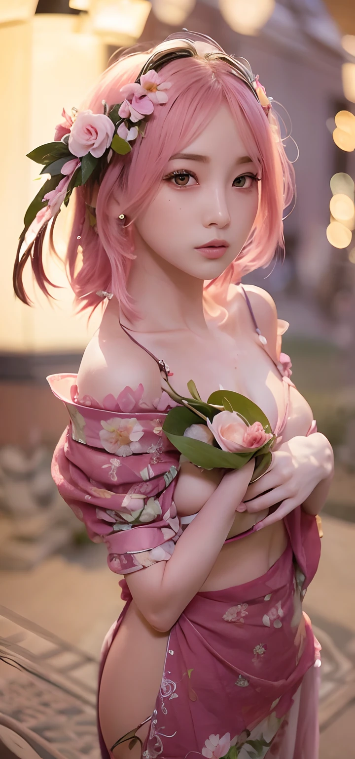 a woman with pink hair and a flower in her hair, Realistic, Ultra detail, 70mm lens