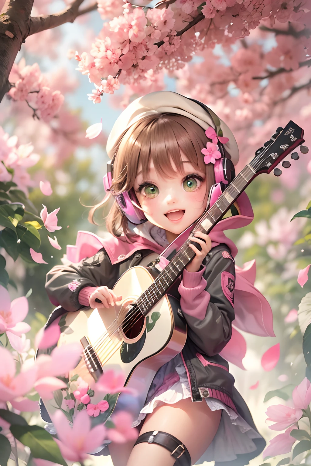 (masterpiece),(best quality),(ultra-detailed), (full body:1.2),
1girl,chibi,cute, smile, open mouth,
flower, outdoors, playing guitar, music, beret, holding guitar, jacket, blush, tree, :3, shirt, short hair, cherry blossoms, green headwear, blurry, brown hair, blush stickers, long sleeves, bangs, headphones, black hair, pink flower,
(beautiful detailed face), (beautiful detailed eyes),