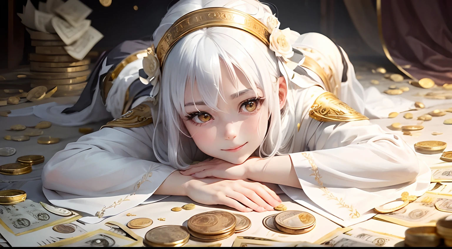 best quality, white hair, gold eyes, white clothes, looking up, upper body, hair strand, Fair skin, smiling, Banknotes and coins are scattered, lie down