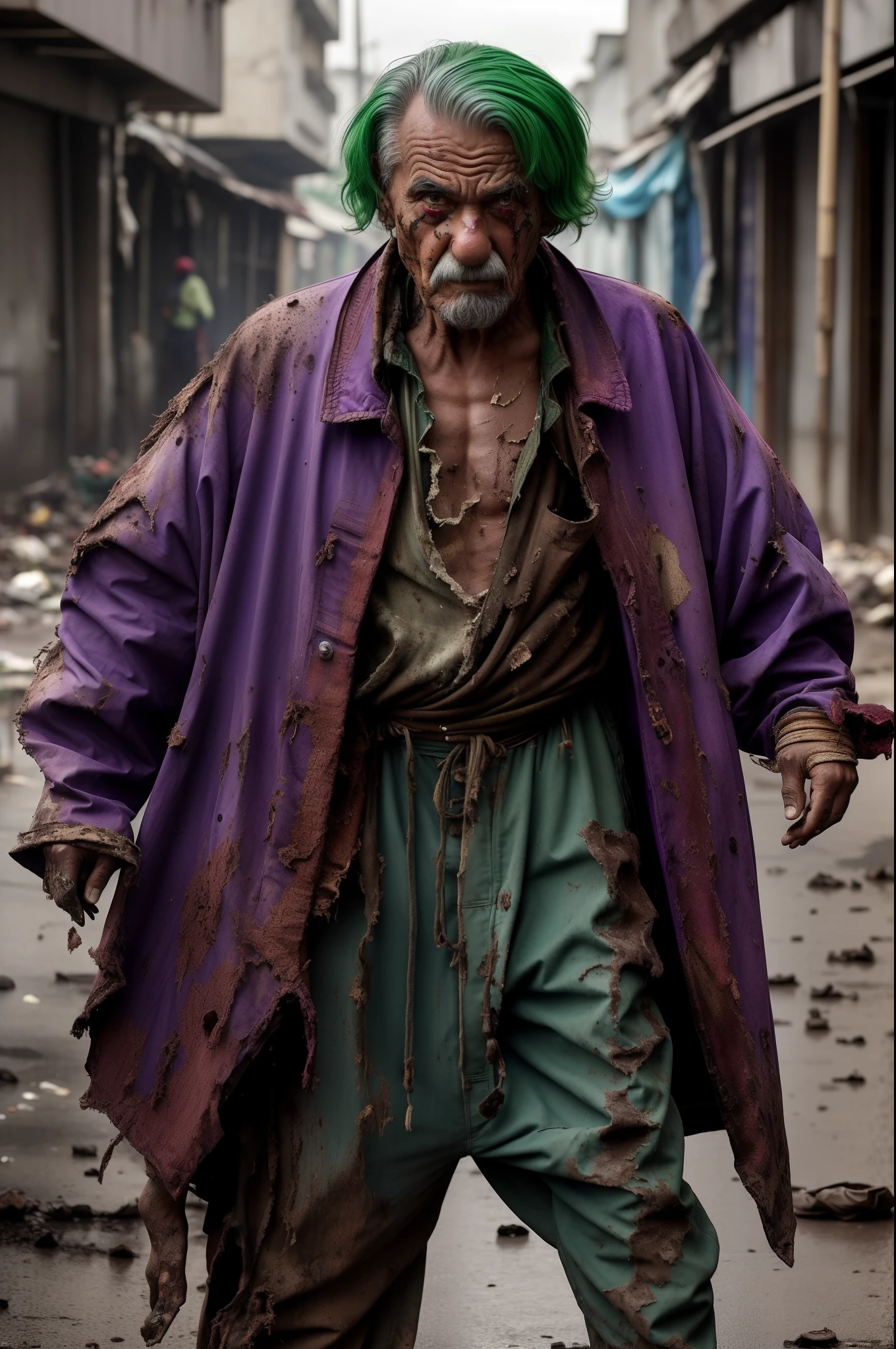 80-year-old clown,Like a beggar ,The expression is fierce， guffaw，Fitness ，The expression is fierce，Dirty green hair ,Fierce expression,full bodyesbian,kung fu pose，Tattered purple coat，Like a bum，Wandering the streets,(((Very dirty and poor,ripped clothing)))