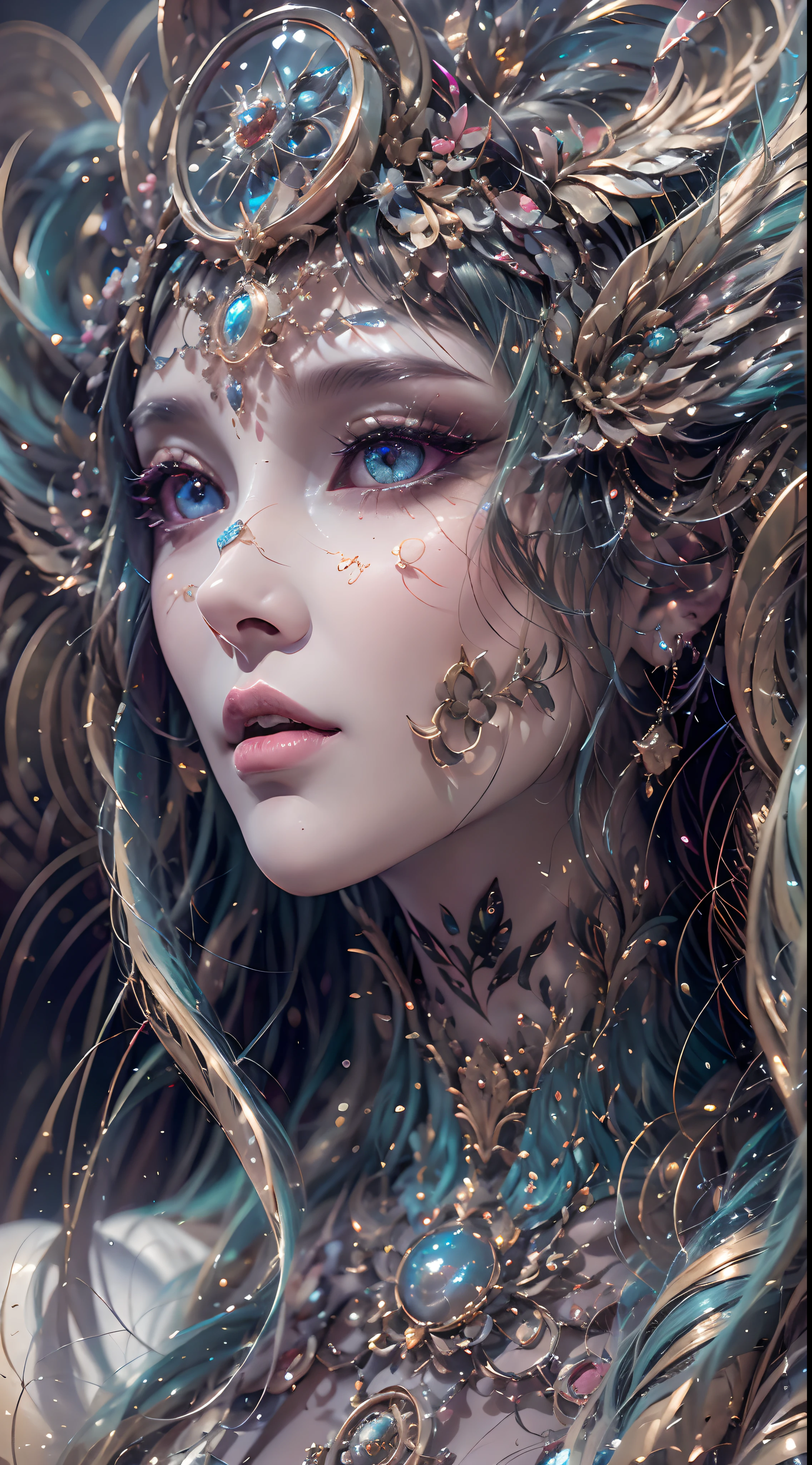 (best qualtiy,ultra - detailed,Most Best Illustration,Best shadow,tmasterpiece,A high resolution,professionalartwork,famousartwork),Detailed eyes,beautidful eyes,closeup cleavage,sci-fy,colored sclera,Robot eyes,face markings,Tattooed with,(fractalized,Fractal eyes),largeeyes,Wide eyes,(Eye focus),sface focus,Cosmic eyes,Space eyes,Close-up of metal sculpture of a woman with a moon in her hair,goddes。extremly high detail,3 d goddess portrait,Extremely detailed footage of the goddess,a stunning portrait of a goddess,Side image of the goddess,portrait of a beautiful goddess,Full body close-up portrait of the goddess,hecate goddess,portrait of a norse moon goddess,goddess of space and time