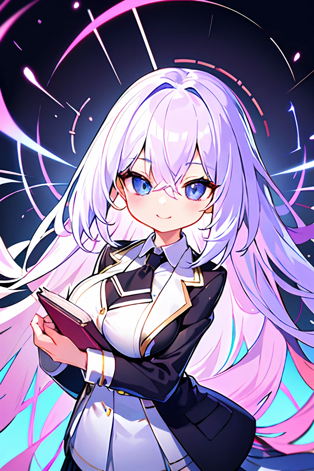 masterpiece、top-quality、1 pretty girl、A slender、very short stature、White hair、Long hair、bright Pink hair、white shirt、Dark blue pleated skirt、Black Blazer、neck tie、Ultra gigantic breast、Viewer's Perspective、A slight smil、Eyes and faces with detailed、Fine details、atlibrary、Holding a book in one hand