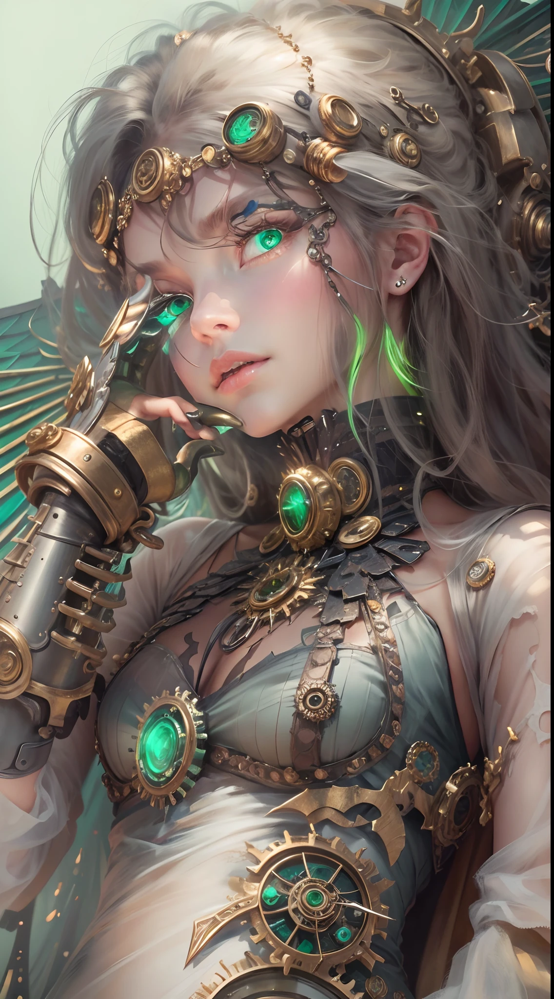 (Best quality,4K,A high resolution,Masterpiece:1.2),Ultra-detailed,(Realistic:1.37) Girl with mechanical parts,steampunk wind,Delicate clockwork details,Brass gears and gears,(Mechanical body),(Mechanical limb),Beautiful and intricate design,(Mechanical wings),((Glass green eyes)),glowing tattoo,Metal corset,Blue gauze dress,Elegant and elegant gesture,Industrial background with smoky atmosphere,Soft warm lighting,Vintage color palette,The human body and mechanical elements are perfectly integrated