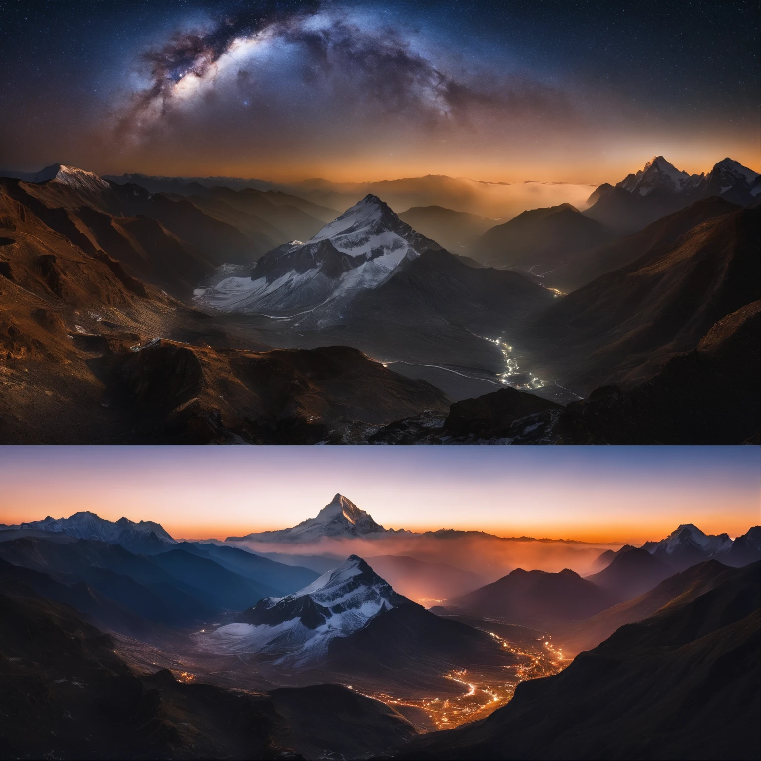 Master Parts、Superior Quality、superior image quality、The 8k quality、Beautiful pictures of the starry sky、magnifica、Arched Milky Way:1.9、Mount Everest