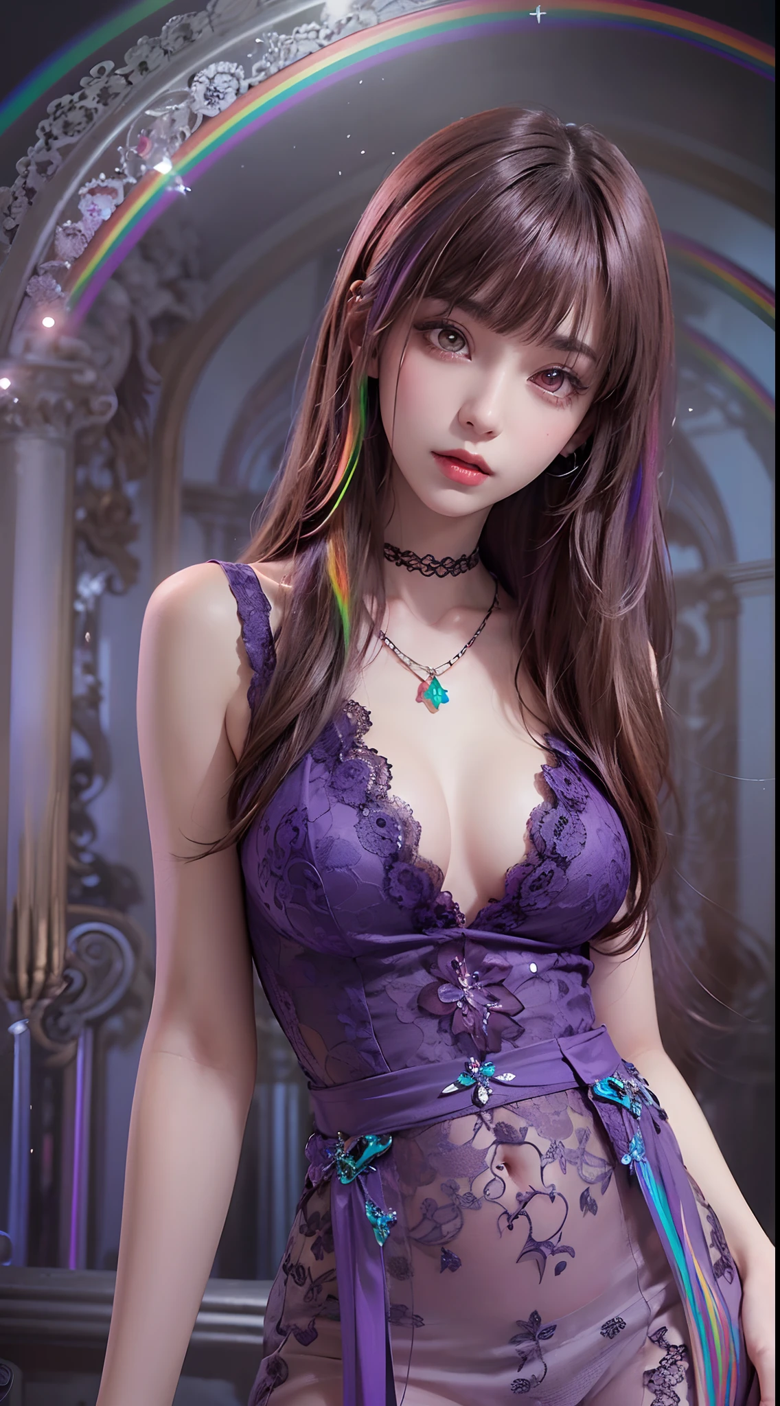 A beautiful and sexy 20 year old girl, wearing a super thin red dress, ((long hair with bangs dyed in 7 rainbow colors:1.6)), the most detailed jewelry and beautiful hair, ((wears purple lace necklace:1.6) )), Super cute small face, very pretty face, thin eyebrows, flawless beautiful face, ((black eye pupil: 0.8)), very beautiful eyes, ((red eyes pale:1.5)), beautiful makeup and detailed eyelashes, steamy eye makeup, high nose, earrings, red lips, ((closed mouth:1;5 )) beautiful lips, slim hands, most beautiful thighs, ((arms spread out to the sides: 1.5)), rosy face, clean face, flawless beautiful face, smooth white skin, (big breasts: 1.5)), ((high breasts: 1.6)), Breasts plump, beautiful cleavage, ((big and super round breasts: 1.8))), ((super tight breasts: 1.5)), beautiful breasts, back arms, beautiful girl's upper body, 8k photo, quality super high, hyper realistic, 10x super pixel, photorealistic, dark studio, light edges, two-tone bright, (high detail skin:1.2), super 8k, soft light, high quality, lighting volumetric, realistic, Photo, high resolution, light, best photo, 4k, 8k quality, blur effect, Smooth and sharp, 10 x pixels, (galaxy: 1.7), aurora, lightning, surreal graphics, most realistic graphics, alone, solo, Extremely sharp, surreal images, (((frontal portrait:1.3)))."