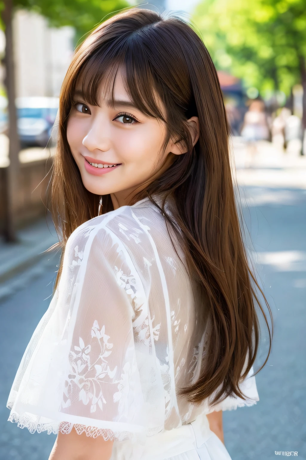 (8K、Raw photography、top-quality、masuter piece:1.2)、ultra-detailliert、ultra res、(realisitic、rialistic photo:1.37)、portlate、high-definition RAW color photography、Professional Photography、highly detailed and beautiful、ighly detailed、8K Picture Wallpaper、amazing detailed、huge filesize、Official art、Highly detailed CG Unity 8K wallpapers、highly detailed beautiful girl、extra detailed face、extremely detailed eye、highlydetailed skin、extremely detailed fingers、highly detailed nose、very detailed detailed mouth、Perfect Anatomy、highly detailed back ground、Highly detailed clothing、女の子 1 人、(18:1.2)、、Cutel s、famous Japan idol、cute little、Realistic body、小柄、de pele branca、glistning skin、Slim body、Handsome body、brown haired、Short curly hair、(Blunt bangs:1.2)、A smile、kawaii、zora々Right、kawaii faces、Lifelike face、Delicat eyes、Sauce order、White shirt、skirt by the、耳Nipple Ring、Looking at the camera、cowboy shot、front facing、Standing、Contrapo, high street, 动态照明,((top-quality、8K、masuter piece:1.3))、女の子1人、Czech、bule、Black see-through:1.1、hyperdetailed face、A detailed eye、二重まぶた、Brown hair、((top-quality、8K、masterpiece:1.3))、Focus:1.2、(Layered Haircut、(Sunnyday、Street:1.3)、Highly detailed facial and skin texture、finely eye、二重まぶた、Whitened skin、length hair、(silently:1.3)、White lace、intricate clothing、bangss