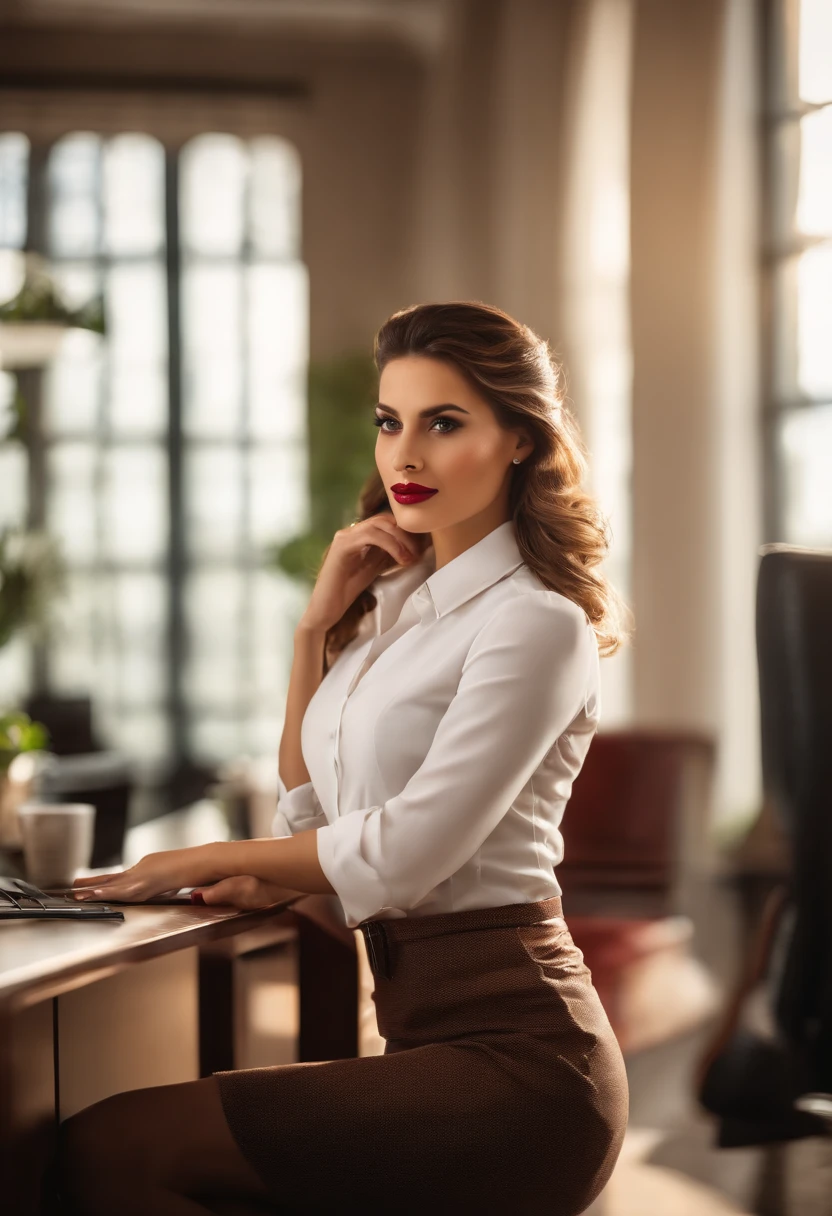 Secretaria pelirroja con pantimedias bronceadoras y pies detallados, mostrando sus piernas tonificadas y bien formadas [hermosas piernas detalladas]. La secretaria tiene una mirada confiada y seductora [mirada intensa], acentuada por su maquillaje bellamente aplicado y largo, curly eyelashes [hermosos ojos detallados]. Su delicioso, Chubby lips are painted a bold shade of red [hermosos labios detallados]. She is dressed in a tight shape (vestido transparente), Professional outfit that accentuates your curves [Vestimenta sofisticada]. The scene is set in a modern office, con muebles elegantes y grandes ventanales que permiten que la luz natural se filtre [Oficina iluminada por el sol]. Overall image quality is of the highest caliber, con renderizado ultra detallado [La mejor calidad, Altas Resoluciones:1.2]. The artistic style leans towards a combination of realistic elements and portraits., Capture the charm of the secretary accurately [Retratos realistas]. La paleta de colores es rica y vibrante, with warm shades of red and brown that complement the secretary's hair and attire [Warm and rich colors]. Lighting is soft and soft, projecting a flattering glow on the secretary and enhancing the atmosphere of elegance and sophistication [Soft and flattering lighting].