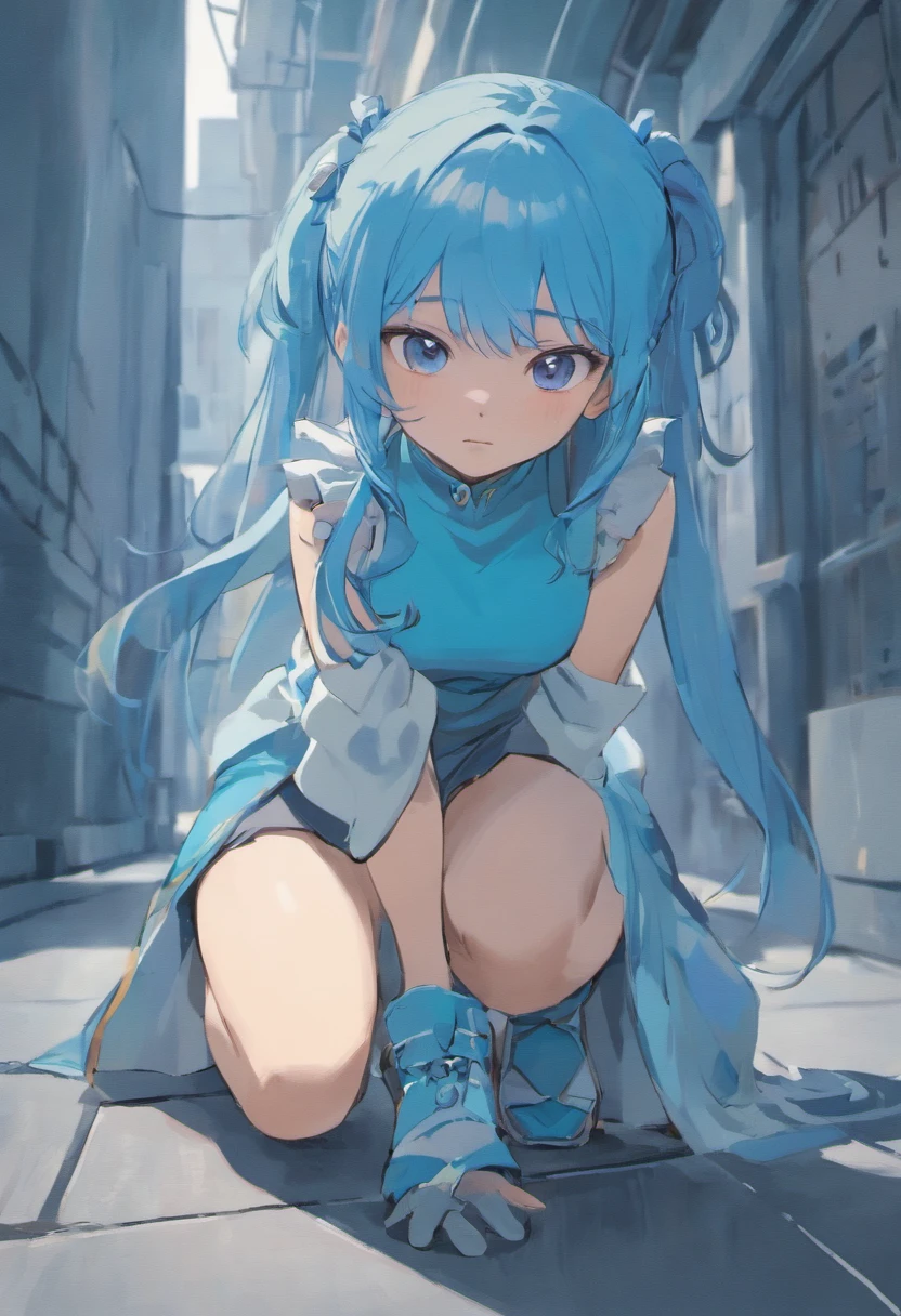 Alafed Asian girl crouching sleeveless in light blue on the ground,sleeveless, Real life girls, Cute Girl, Beautie, neat hair with bangs, chiho, a hyperrealistic schoolgirl, cute kawaii girl