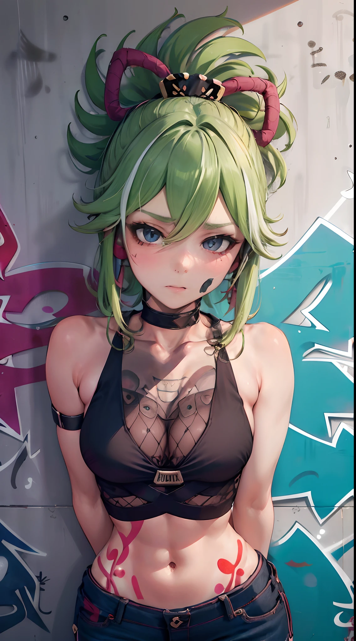 Kuki Shinobu Genshin Effect, masterpiece, bestquality, 1girls, bara, crop top, shorts jeans, choker, (Graffiti:1.5), color splashes, arm behind back, against wall, looking at the audience, bracelet, Thigh strap, Paint on the body..................................., Head tilt, bored, multicolored hair, water eyes, headset,