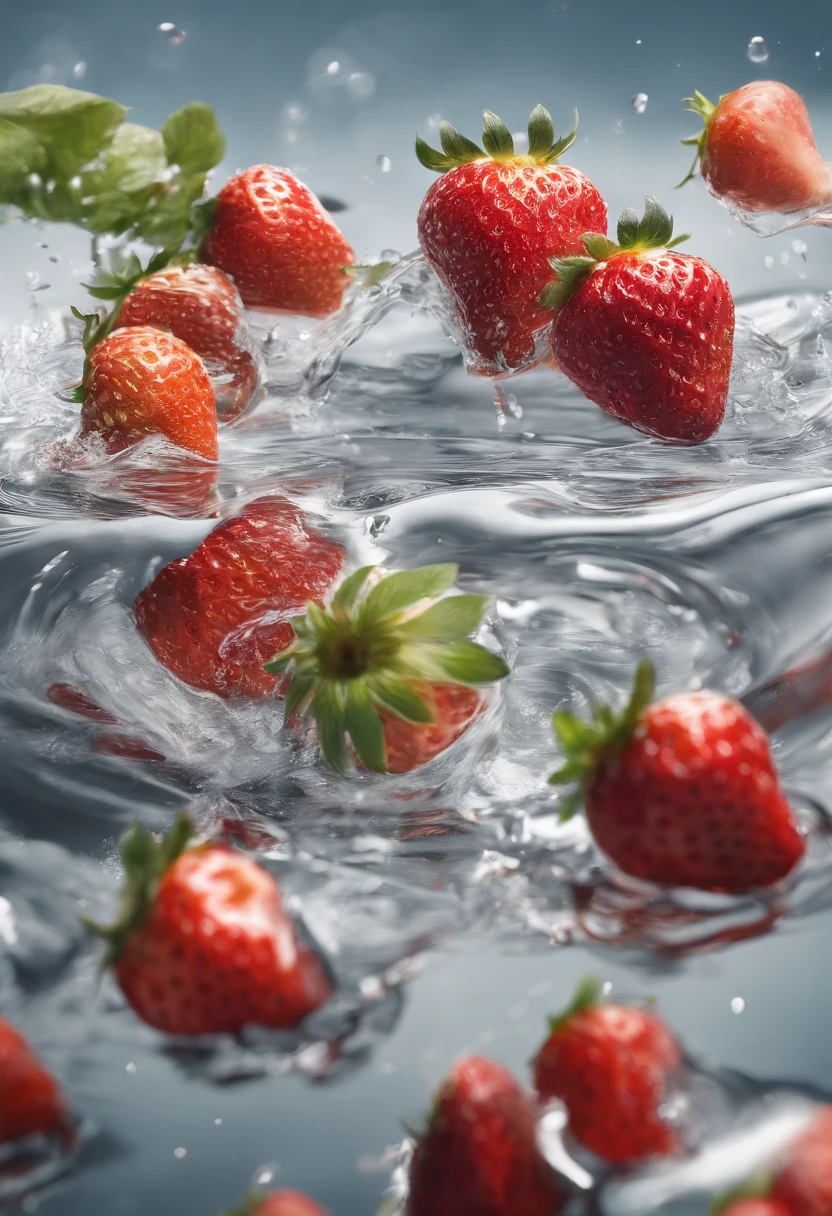 cinematic RAW photo,foto ultra real,Ultra foto Realsisim,Digital SLR,soft lighting,Product photo of 5 strawberries falling into the water、Drippy、Splash clear liquid、water bloom,dynamic compositions,(master part) (best quality) (circunstanciado) (Cinematic lighting) (foco nítido) (intrincado), master part, best quality, ultra-highresolution, 8k UHD