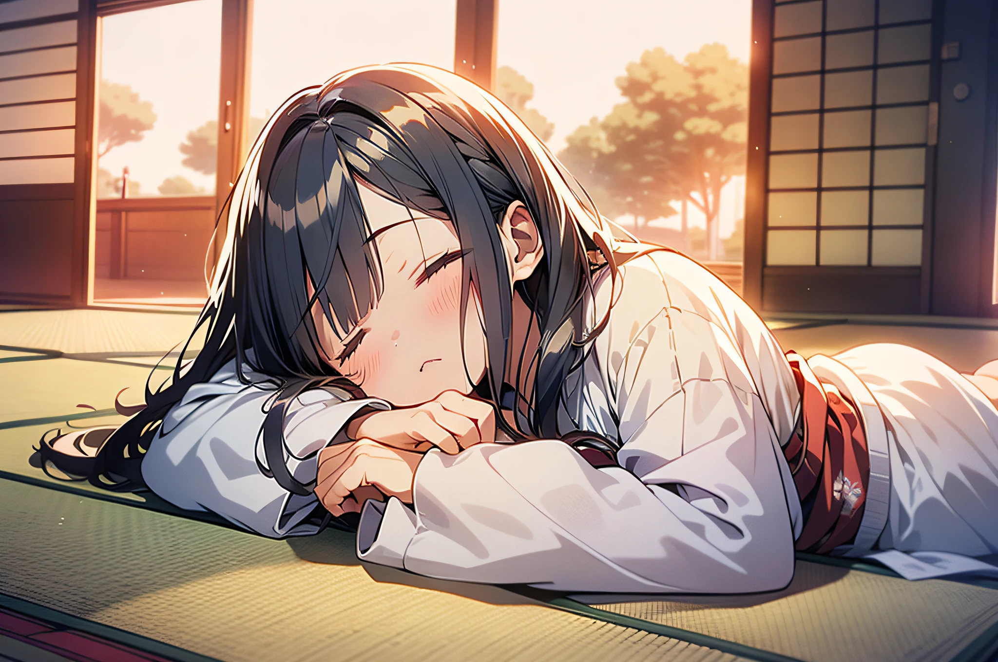 in 8K、top-quality、​masterpiece、ultra-detailliert、Ultra-high resolution、Anime style、1人の女性、Mid summer、traditional Japanese room、Sleep on tatami mats、siesta