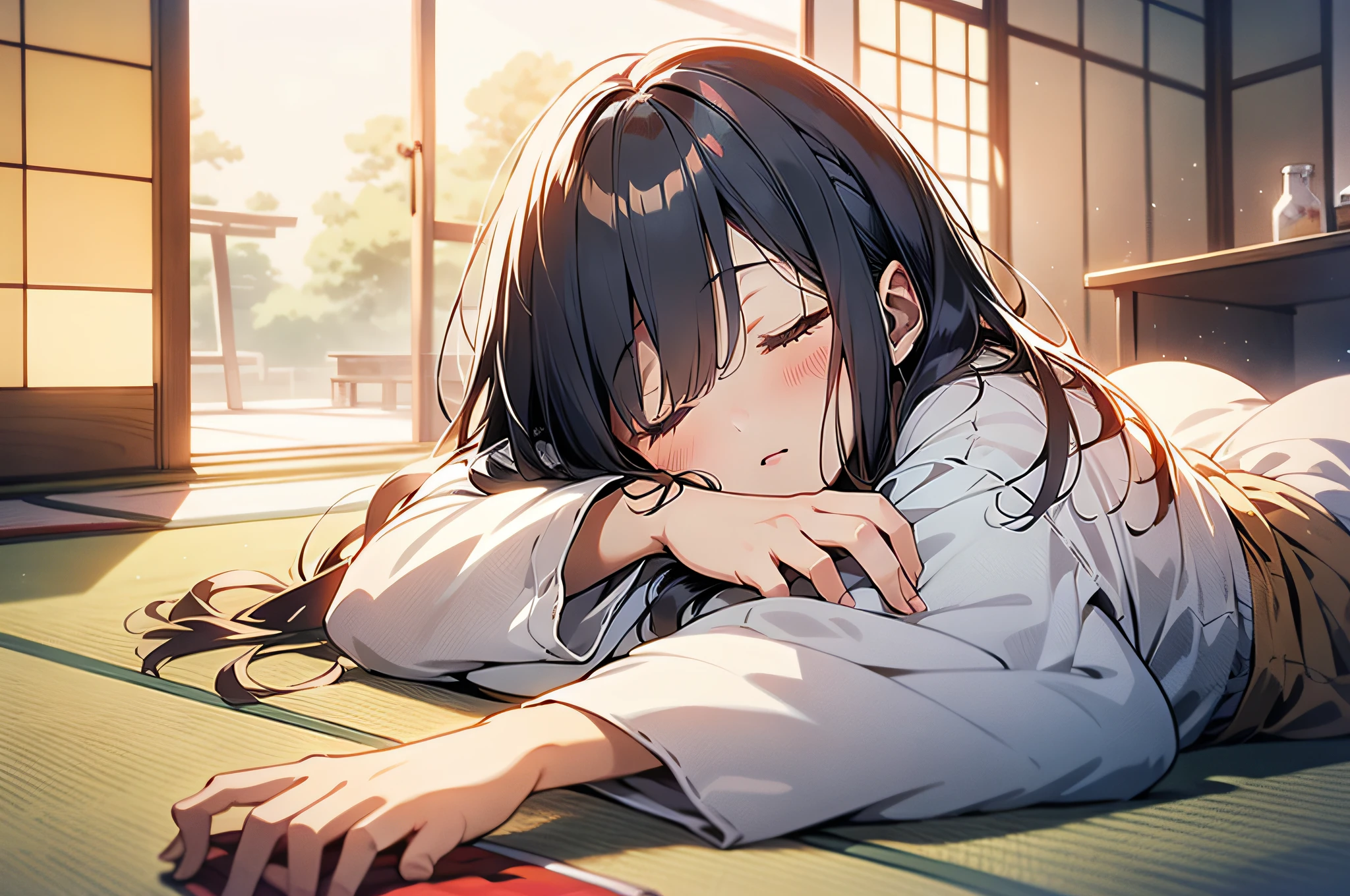 in 8K、top-quality、​masterpiece、ultra-detailliert、Ultra-high resolution、Anime style、1人の女性、Mid summer、traditional Japanese room、Sleep on tatami mats、siesta