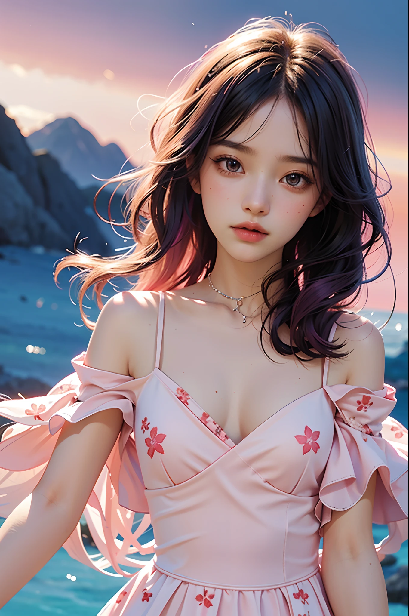 1girls, floral, Lycianthus ,In light pink and light blue styles, Dreamy and romantic composition, Light Pink, Intangible slip, Fun arrangement, fantasy, high contrast, Ink strokes, explosions, Over touch, Impression of purple and red tones , abstract, Negative Space,
