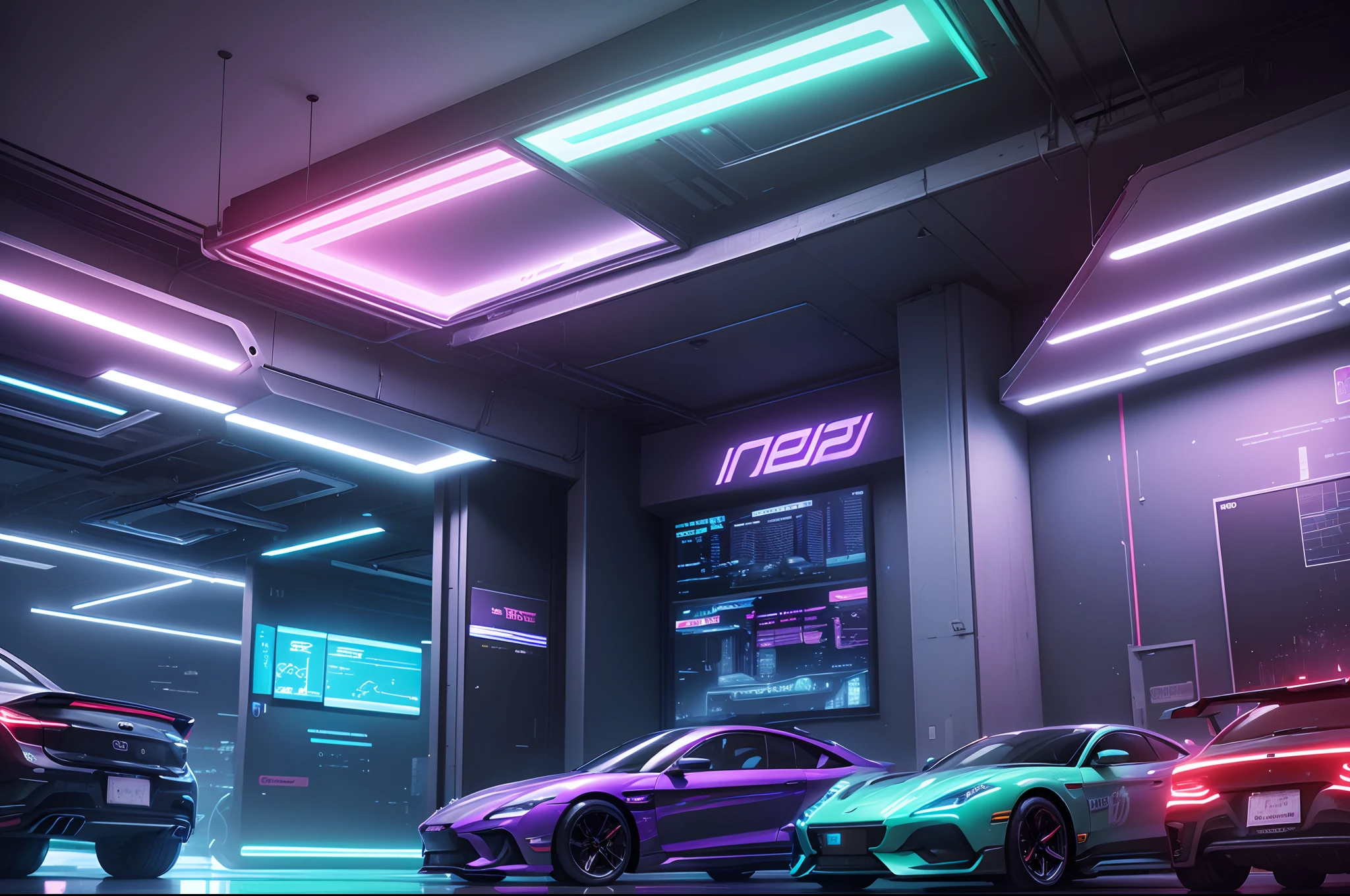 A cyberpunk car showroom filled with high-tech, glowing vehicles. Each car has unique features such as holographic displays, retractable weapons, and advanced AI systems. The showroom's walls are covered in neon lights and holographic advertisements, creating an otherworldly atmosphere.