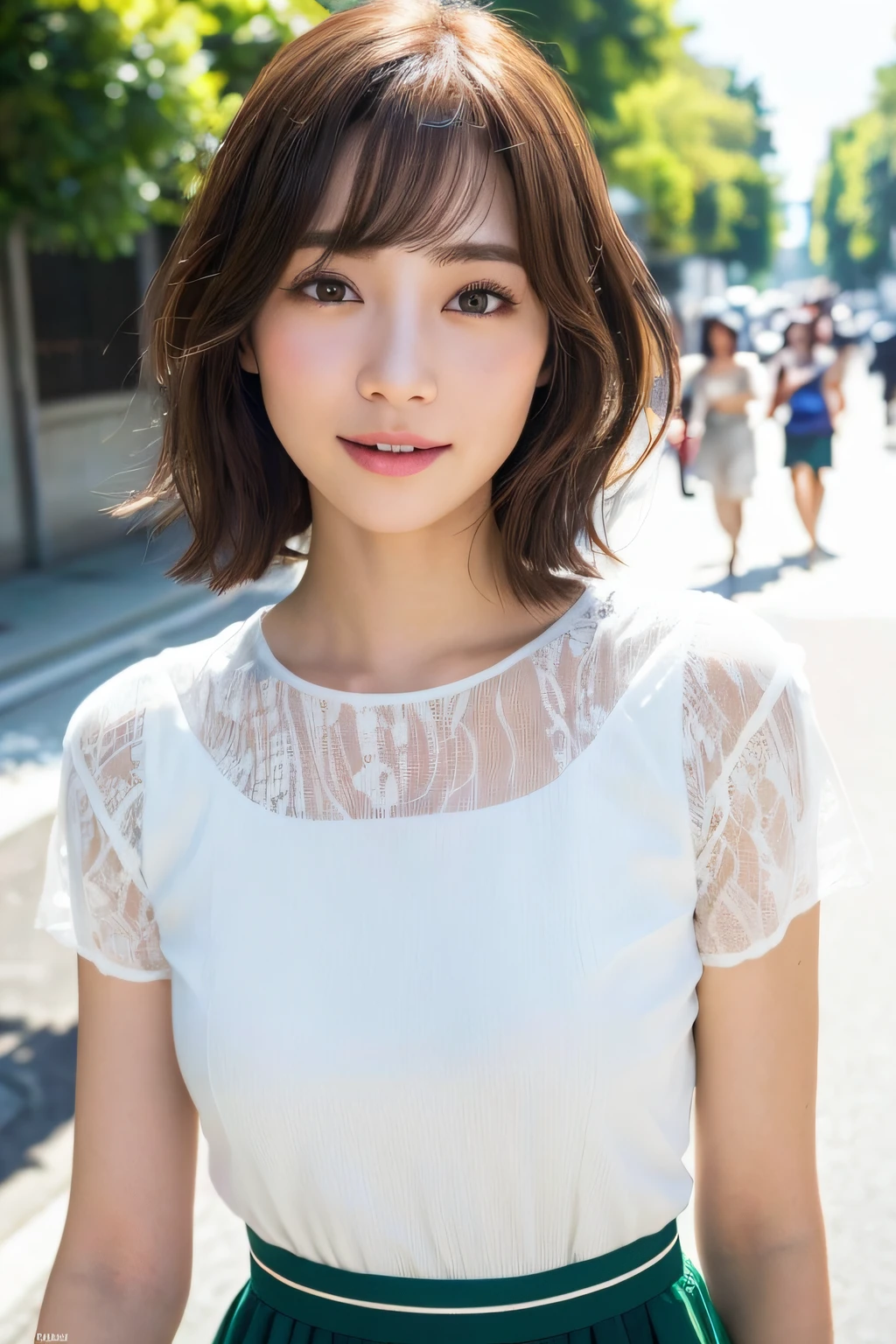 (8K、Raw photography、top-quality、masuter piece:1.2)、ultra-detailliert、ultra res、(realisitic、rialistic photo:1.37)、portlate、high-definition RAW color photography、Professional Photography、highly detailed and beautiful、ighly detailed、8K Picture Wallpaper、amazing detailed、huge filesize、Official art、Highly detailed CG Unity 8K wallpapers、highly detailed beautiful girl、extra detailed face、extremely detailed eye、highlydetailed skin、extremely detailed fingers、highly detailed nose、very detailed detailed mouth、Perfect Anatomy、highly detailed back ground、Highly detailed clothing、女の子 1 人、(18:1.2)、、Cutel s、famous Japan idol、cute little、Realistic body、小柄、de pele branca、glistning skin、Slim body、Handsome body、brown haired、Short curly hair、(Blunt bangs:1.2)、A smile、kawaii、zora々Right、kawaii faces、Lifelike face、Delicat eyes、Sauce order、White shirt、skirt by the、耳Nipple Ring、Looking at the camera、cowboy shot、front facing、Standing、Contrapo, high street, 动态照明,((top-quality、8K、masuter piece:1.3))、女の子1人、Czech、bule、Black see-through:1.1、hyperdetailed face、A detailed eye、二重まぶた、Brown hair、((top-quality、8K、masterpiece:1.3))、Focus:1.2、(Layered Haircut、(Sunnyday、Street:1.3)、Highly detailed facial and skin texture、finely eye、二重まぶた、Whitened skin、length hair、(silently:1.3)、White lace、intricate clothing、bangss