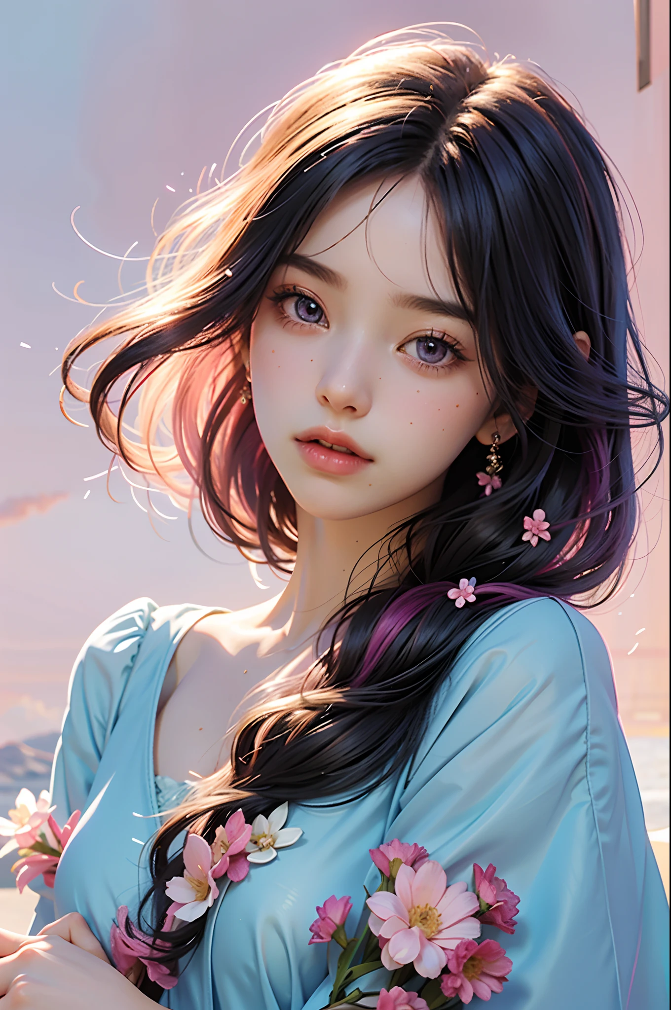 1girls,floral, Lycianthus ,In light pink and light blue styles....., Dreamy and romantic composition....., Light Pink, Intangible slip, Fun arrangement,fantasy, high contrast, Ink strokes, explosions, Over touch, Impression of purple and red tones , abstract, Negative Space,