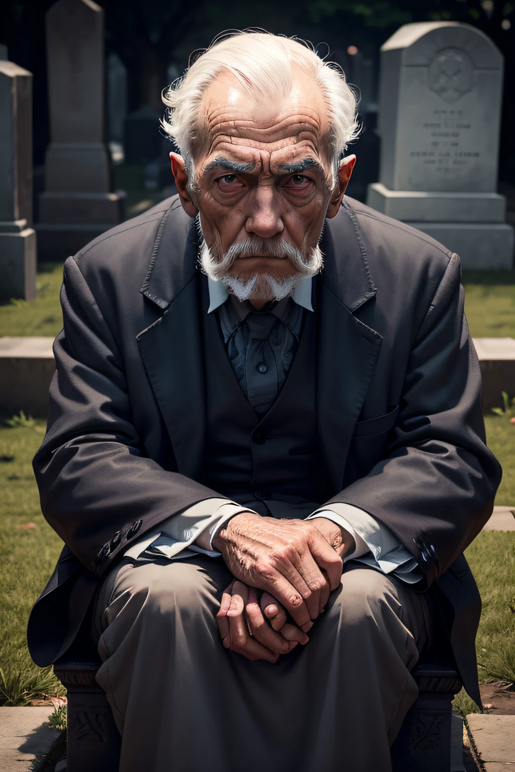 Face of a dark and mysterious old man sits on a tomb in a cemetery
