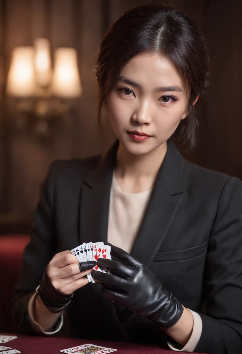 A young Japanese woman with a black suit up to a shirt and playing cards with black leather gloves on both hands