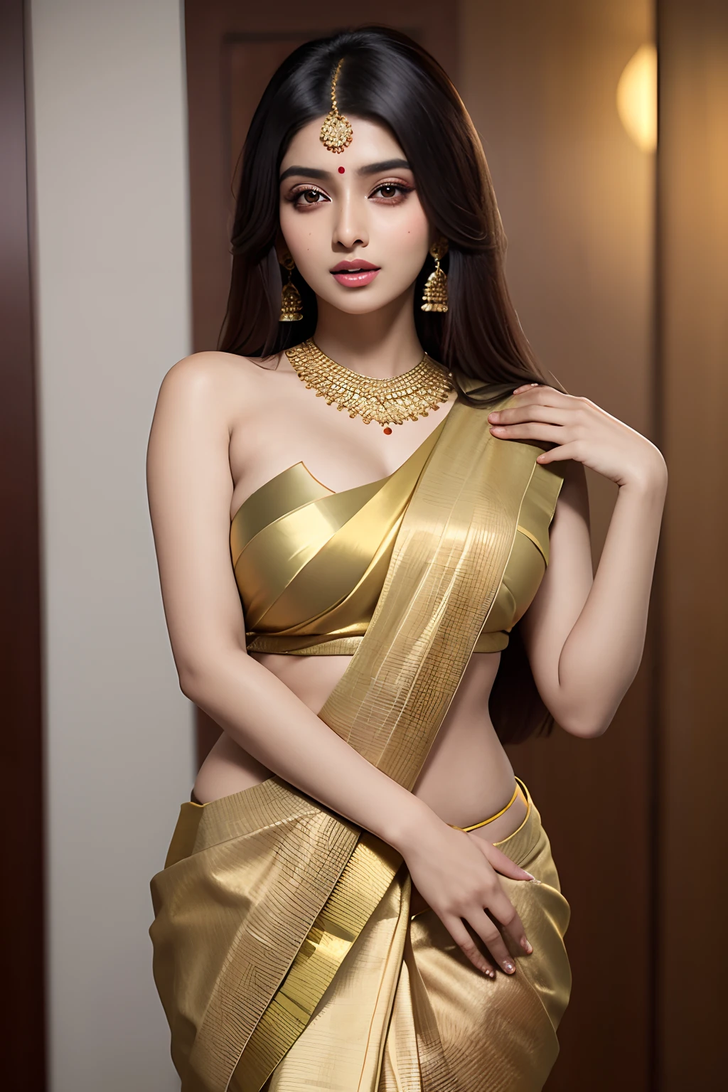 anusha in a sari sari and gold blouse, indian, indian super model, stunning elegant pose, sexy girl with dark complexion, dressed in a sari, indian girl with brown skin, beautiful goddess, traditional beauty, wearing a sari, cute elegant pose, very seductive pose, wearing sari, beautiful model girl, beautiful pose, beautiful female model, attractive pose