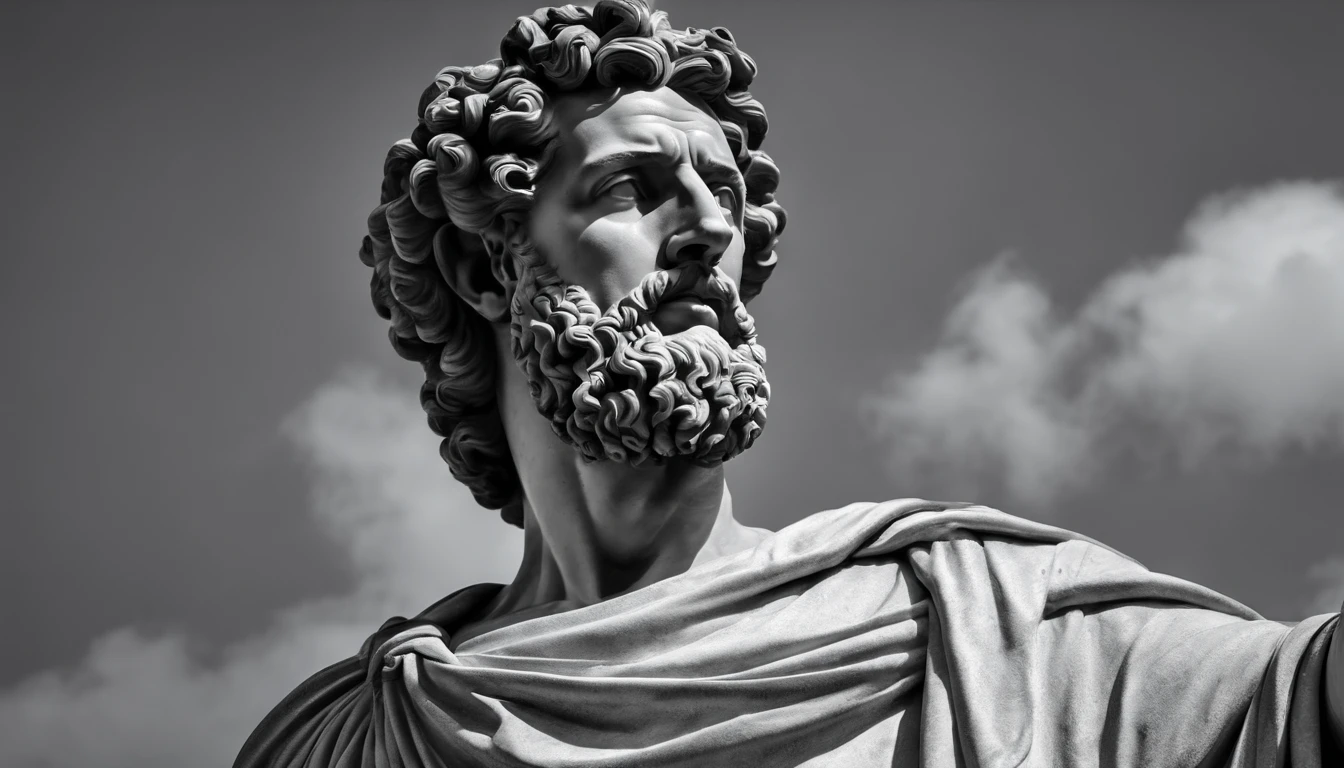 a portrait statue of the stoic Marcus Aurelius in black and white 4K,Face de lado, papel de parede super realista, homem forte sem camisa