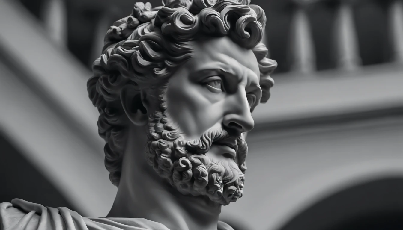 a portrait statue of the stoic Marcus Aurelius in black and white 4K,Face de lado, papel de parede super realista, homem forte sem camisa