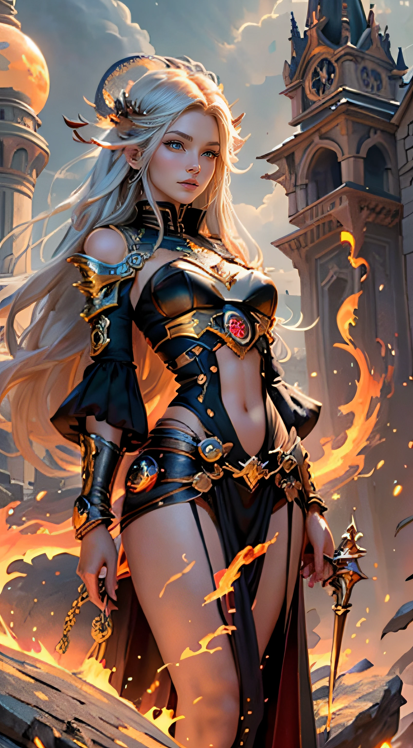 1girll, 8K quality,full bodyesbian, Mage style, Sexy goddess,The facial features are delicate and beautiful,Red long-haired,Fairy stick in hand,wands,Stand high,der riese,Architectural view of the ancient castle,blueglow,dark stormy clouds,Sky spaceship,Multiple planets,The setting sun burns the clouds,Jupiter,Mards,Tornado,Flaming,Goddess Mage,Large bearings,Stone dragon wall,Full of gold treasures,Gold and silver jewelry,Ultra-futuristic spaceship combat vehicle。