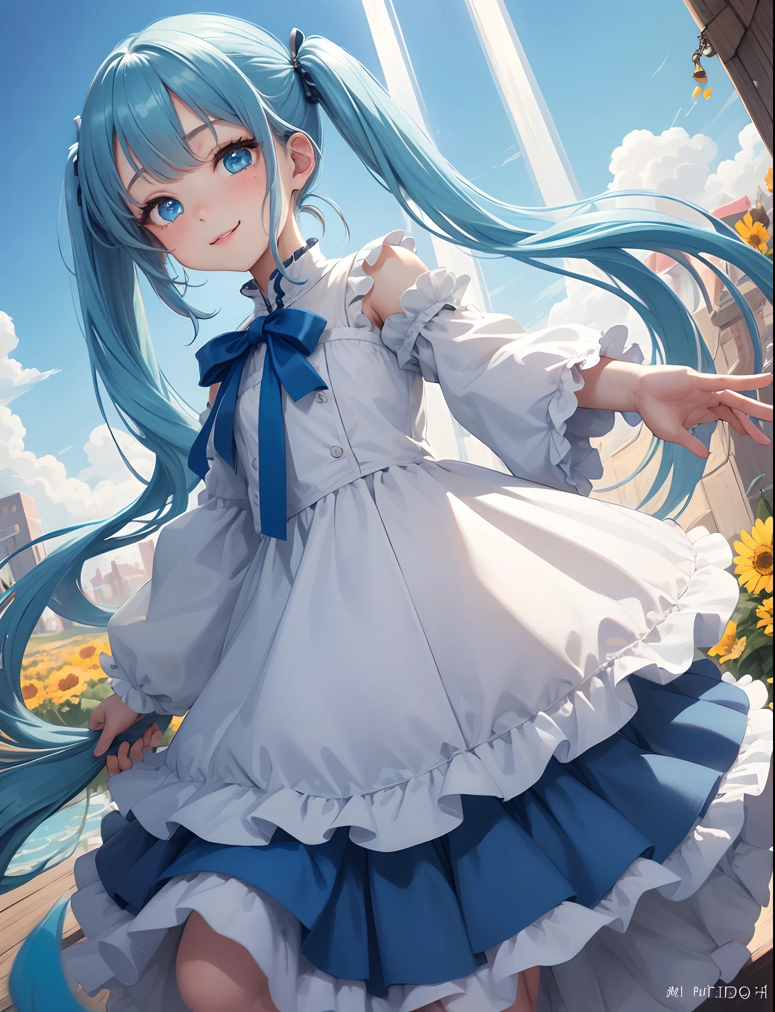 masterpiece:1.2、hightquality、top-quality、hight resolution、detaileds、A hyper-realistic、1girl in、long hair with light blue twin tails,、Beautiful blue eyes、tilt of the head、morning glow、Green grass々Shiigi々、birdie、rainbows、portlate、Lovely smile、(A detailed face)、((foco nítido))、((faces))、
