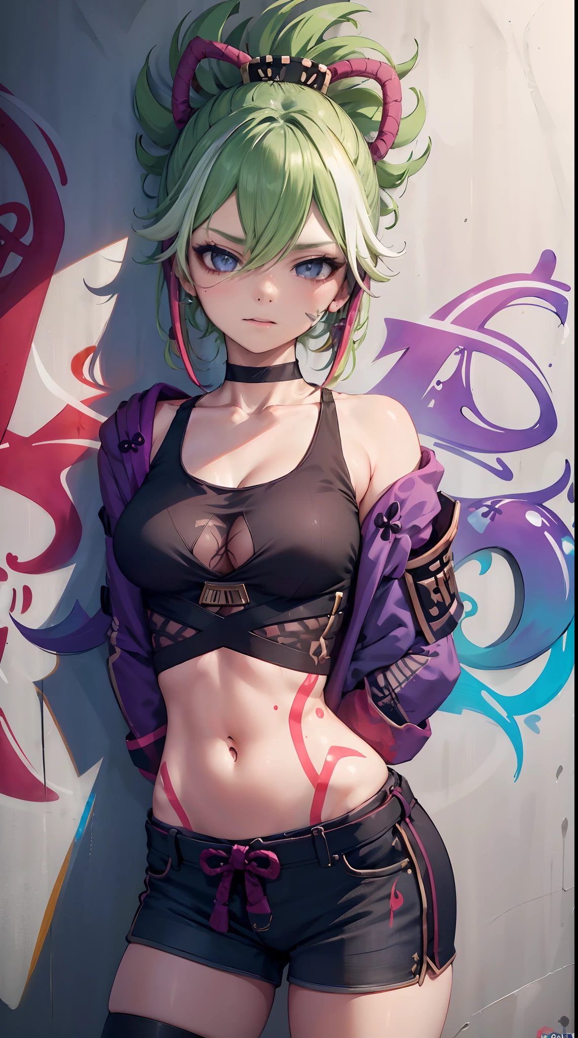 Kuki Shinobu Genshin Effect, masterpiece, bestquality, 1girls, bara, crop top, shorts jeans, choker, (Graffiti:1.5), color splashes, arm behind back, against wall, looking at the audience, bracelet, Thigh strap, Paint on the body.................................., Head tilt, bored, multicolored hair, water eyes, headset,