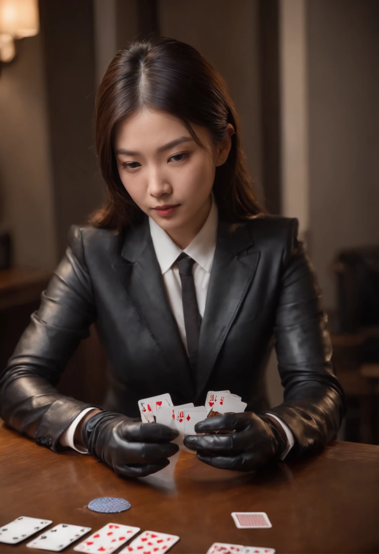 A young Japanese woman with a black suit up to a shirt and playing cards with black leather gloves on both hands