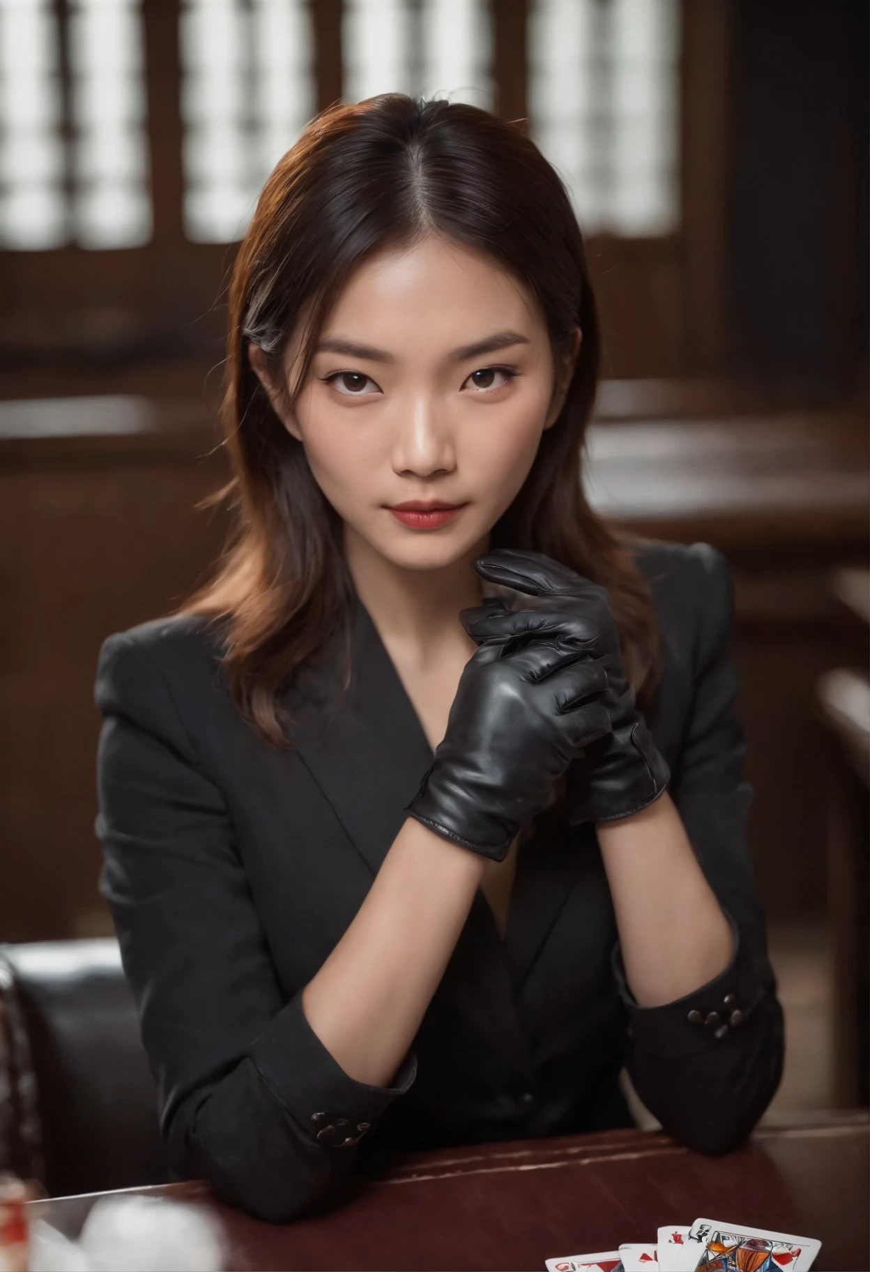 A young Japanese woman with a black suit up to a shirt and playing cards with black leather gloves on both hands