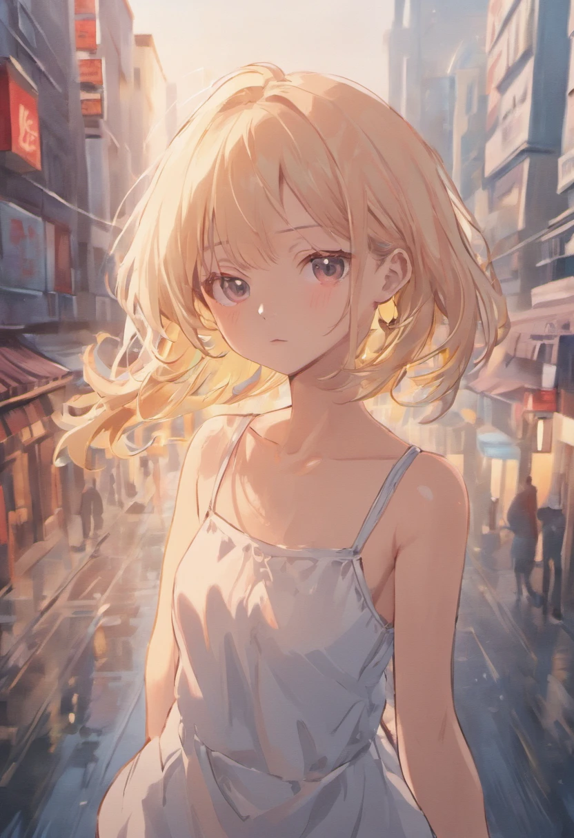 mix4, (8K, Raw photography, top-quality, masterpiece: 1.45), (realisitic, Photorealsitic: 1.37),japanes,( one girls), cute little, Cityscape, natta, Sateen, Wetty, profetional lighting, photon maping, Radio City, physically-based renderingt, Gradient black hair, white hair, short curly hair, a handsome, girl with, White sleeveless shirt, top quality photo, hight resolution, 1080p, (clearface), (Detailed face description), (Detailed hand description), (masterpiece), (Exquisite CG), extreme light and shadows, dishevled hair, masterpiece, lush detail, (Fine facial features), (Highest Quality Photos), (masterpiece), (finely eye), Look in front of you, Fine clavicle, ((Small breasts)),