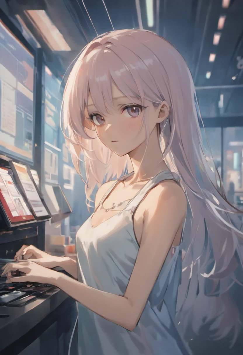 mix4, (8K, Raw photography, top-quality, masterpiece: 1.45), (realisitic, Photorealsitic: 1.37),japanes,( one girls), cute little, Cityscape, natta, Sateen, Wetty, profetional lighting, photon maping, Radio City, physically-based renderingt, Gradient black hair, white hair, short curly hair, a handsome, girl with, White sleeveless shirt, top quality photo, hight resolution, 1080p, (clearface), (Detailed face description), (Detailed hand description), (masterpiece), (Exquisite CG), extreme light and shadows, dishevled hair, masterpiece, lush detail, (Fine facial features), (Highest Quality Photos), (masterpiece), (finely eye), Look in front of you, Fine clavicle, ((Small breasts)),