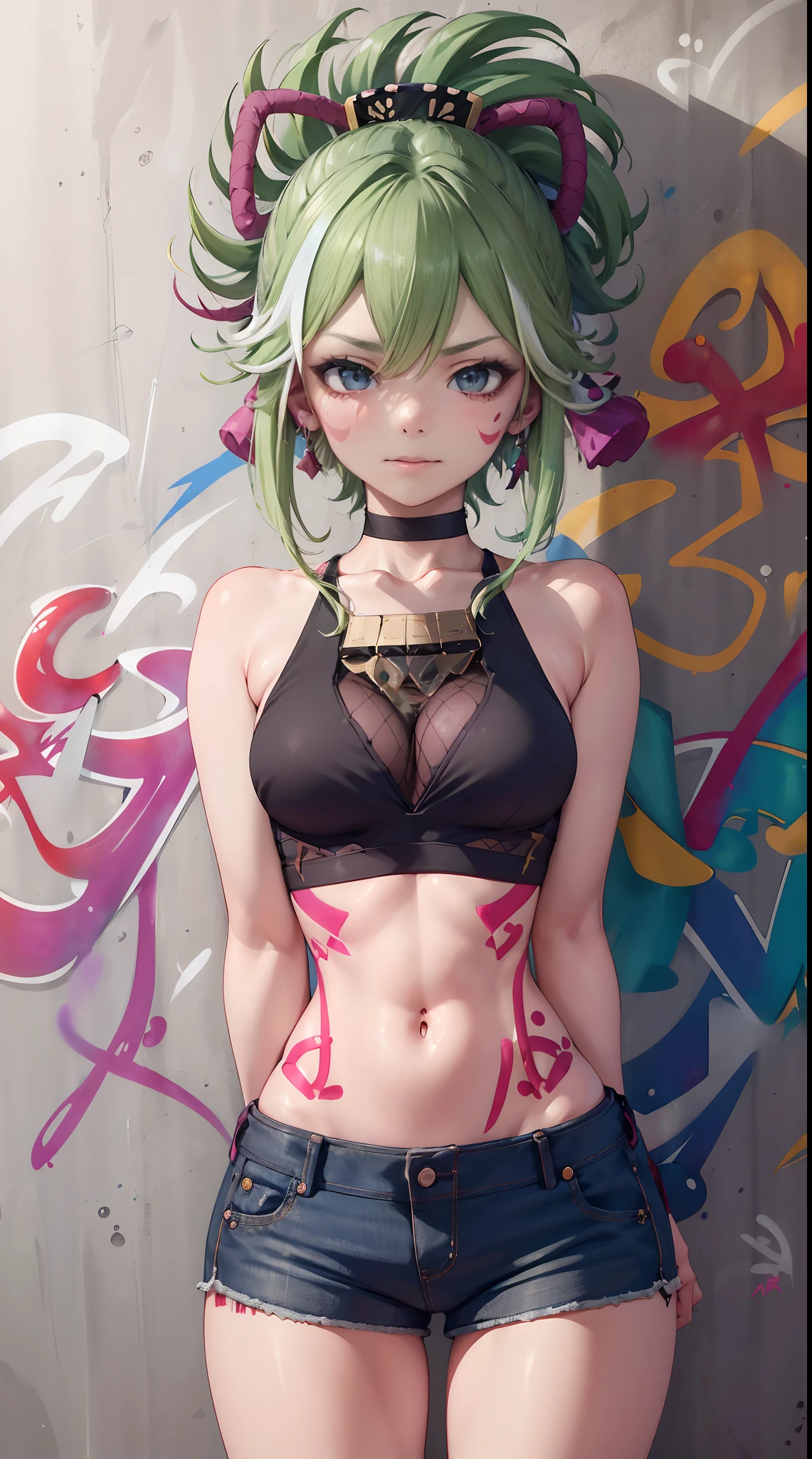 Kuki Shinobu Genshin Effect, masterpiece, bestquality, 1girls, bara, crop top, shorts jeans, choker, (Graffiti:1.5), color splashes, arm behind back, against wall, looking at the audience, bracelet, Thigh strap, Paint on the body.................................., Head tilt, bored, multicolored hair, water eyes, headset,